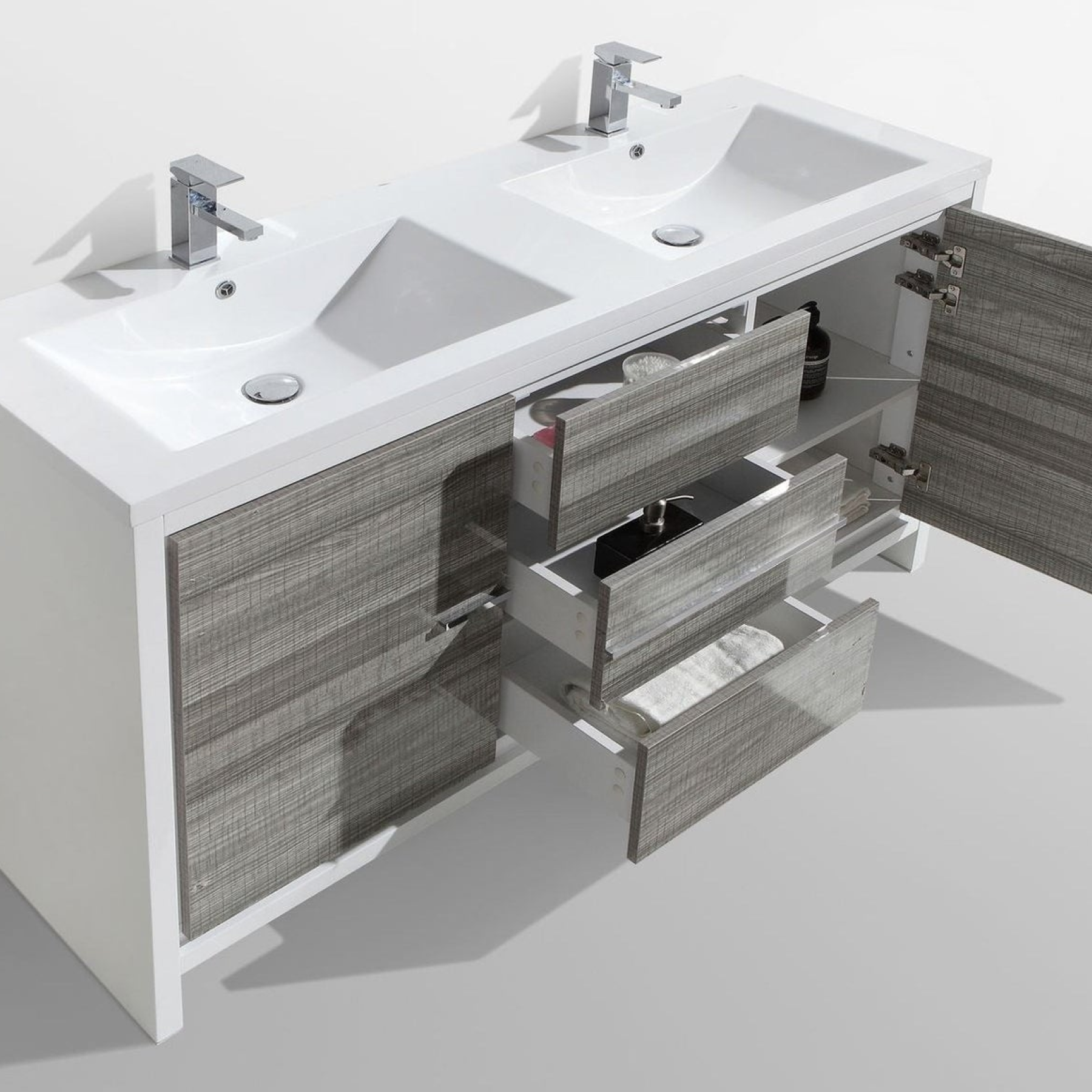 Amara 60" High Gloss Ash Gray Freestanding Vanity With Double Reinforced White Acrylic Sinks