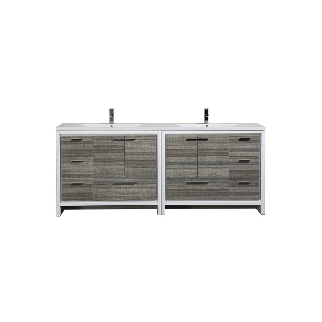 Amara 84" High Gloss Ash Gray Freestanding Vanity With Double Reinforced White Acrylic Sinks