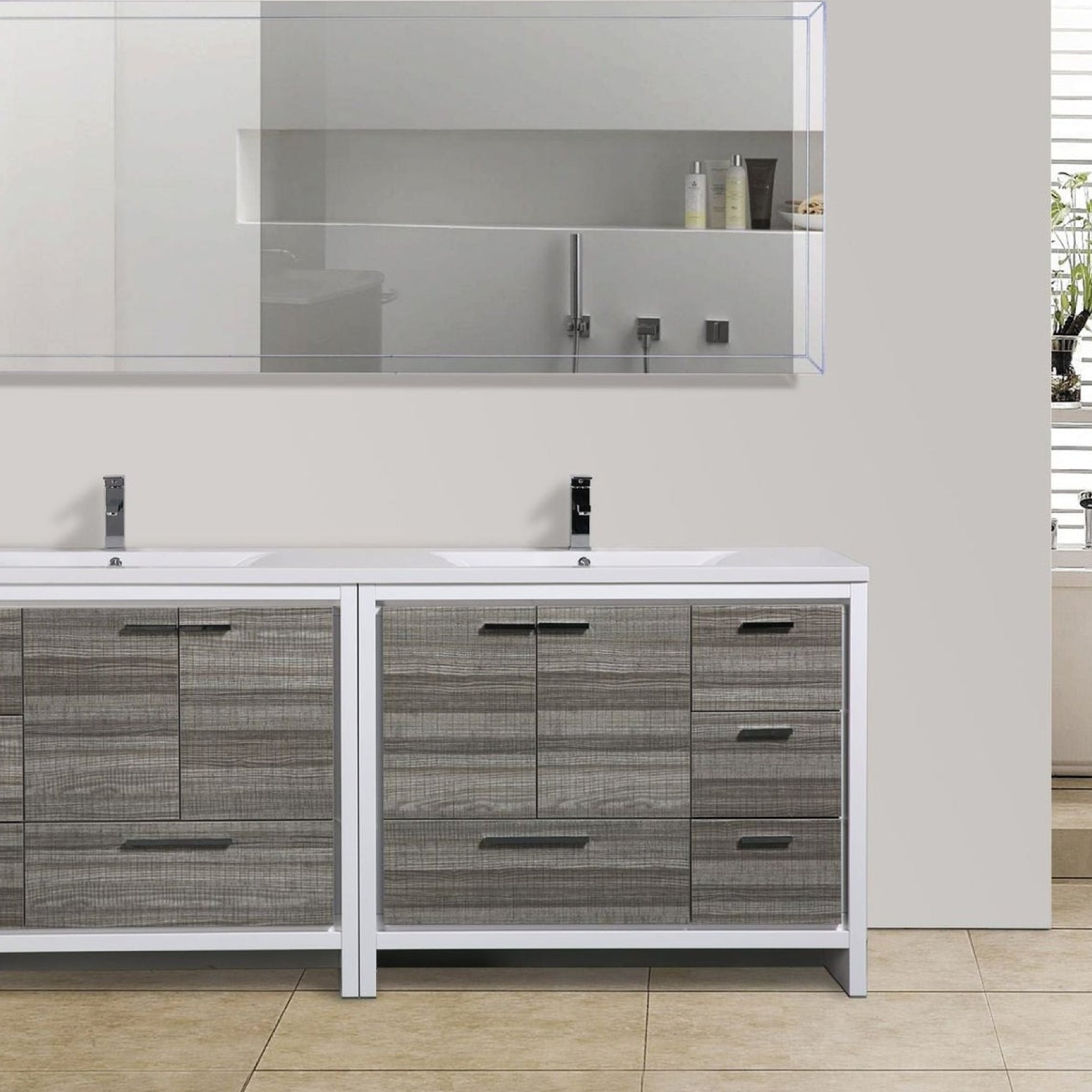 Amara 84" High Gloss Ash Gray Freestanding Vanity With Double Reinforced White Acrylic Sinks