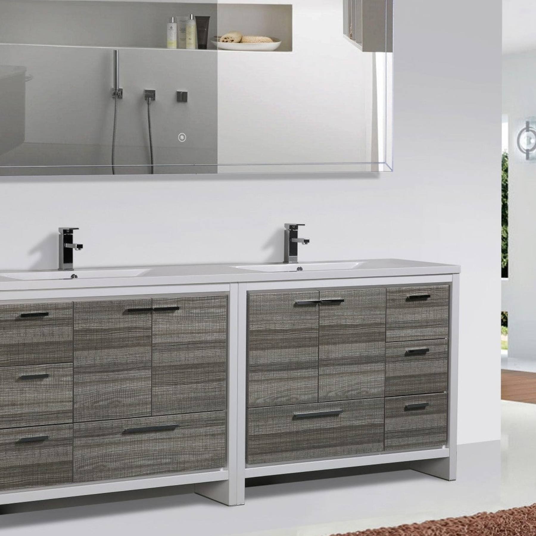 Amara 84" High Gloss Ash Gray Freestanding Vanity With Double Reinforced White Acrylic Sinks