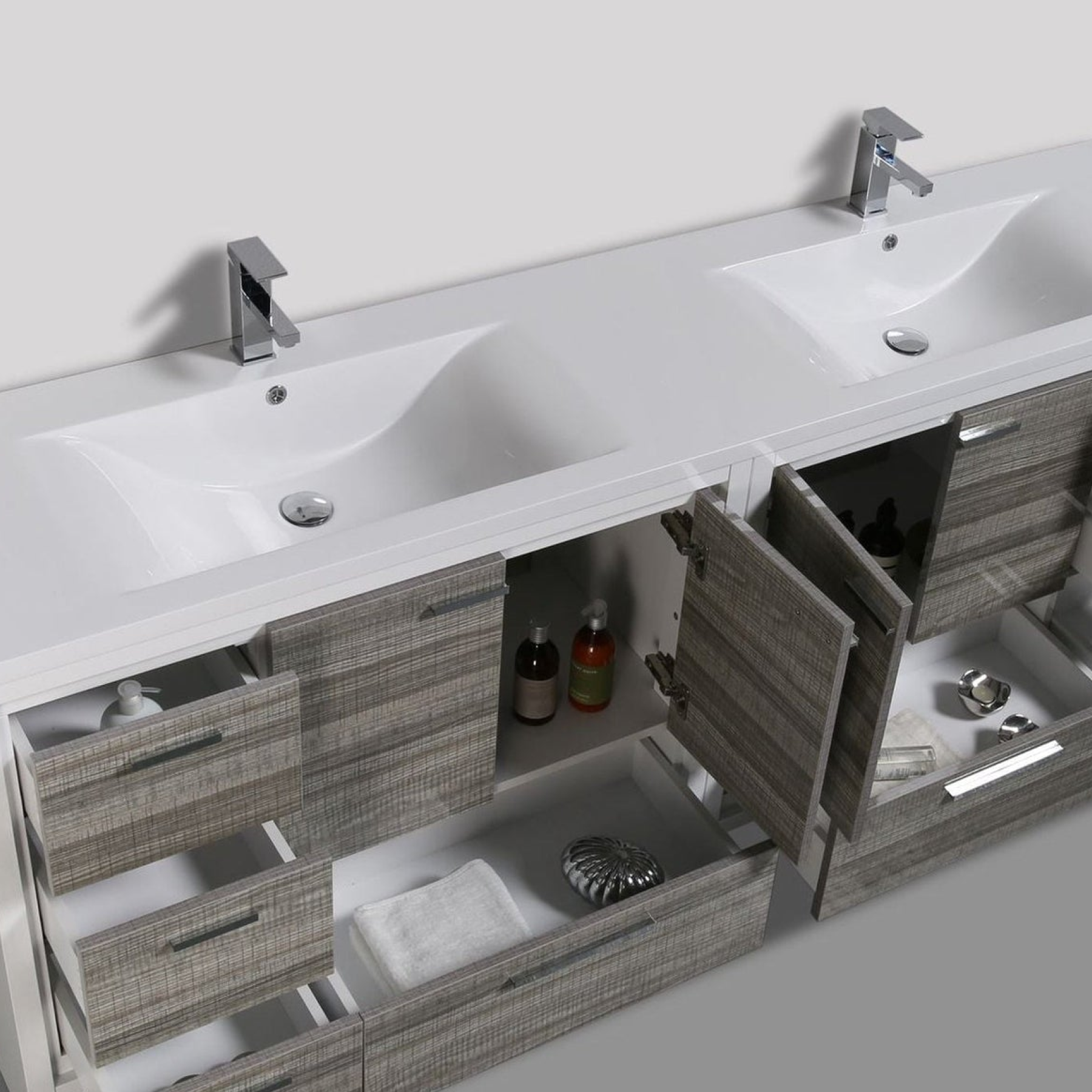 Amara 84" High Gloss Ash Gray Freestanding Vanity With Double Reinforced White Acrylic Sinks