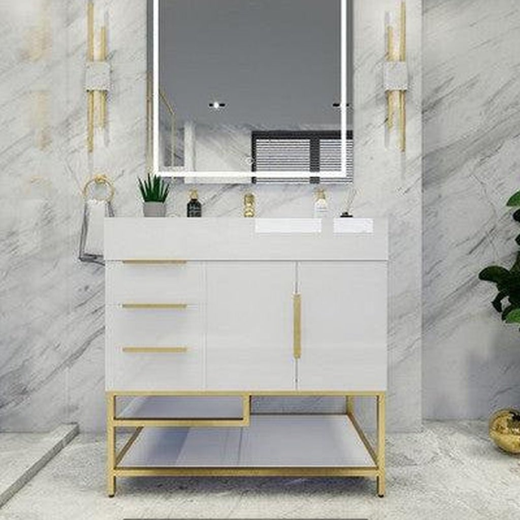 Elara 36" High Gloss White Freestanding Vanity With Left Side Drawers and Single Reinforced White Acrylic Sink