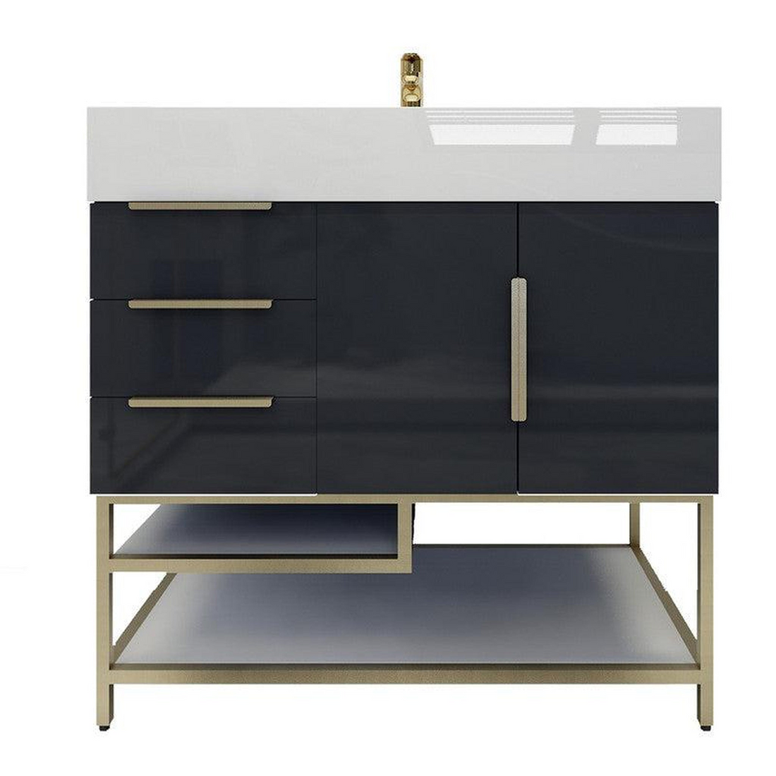 Elara 36" High Gloss Gray Freestanding Vanity With Left Side Drawers and Single Reinforced White Acrylic Sink