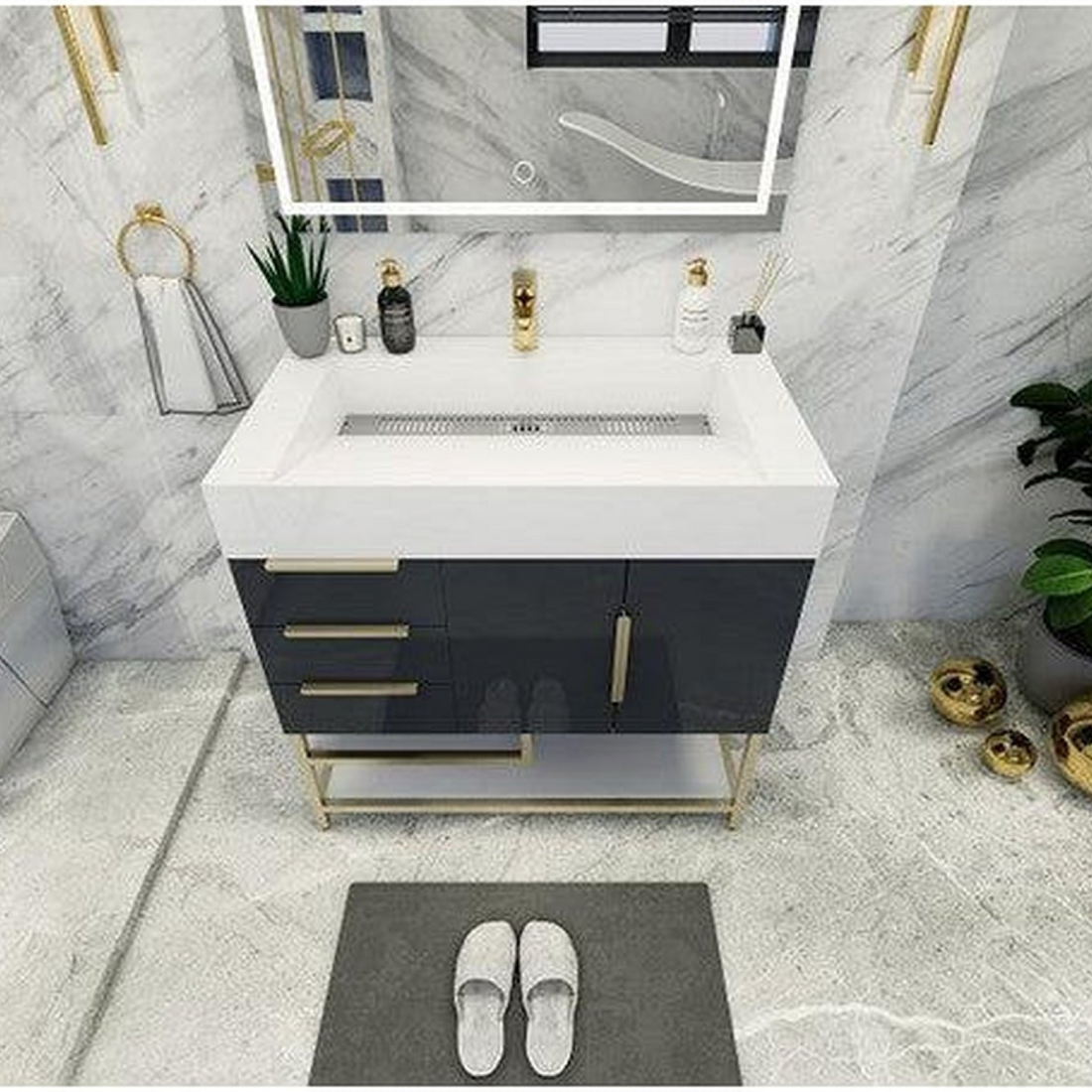 Elara 36" High Gloss Gray Freestanding Vanity With Left Side Drawers and Single Reinforced White Acrylic Sink