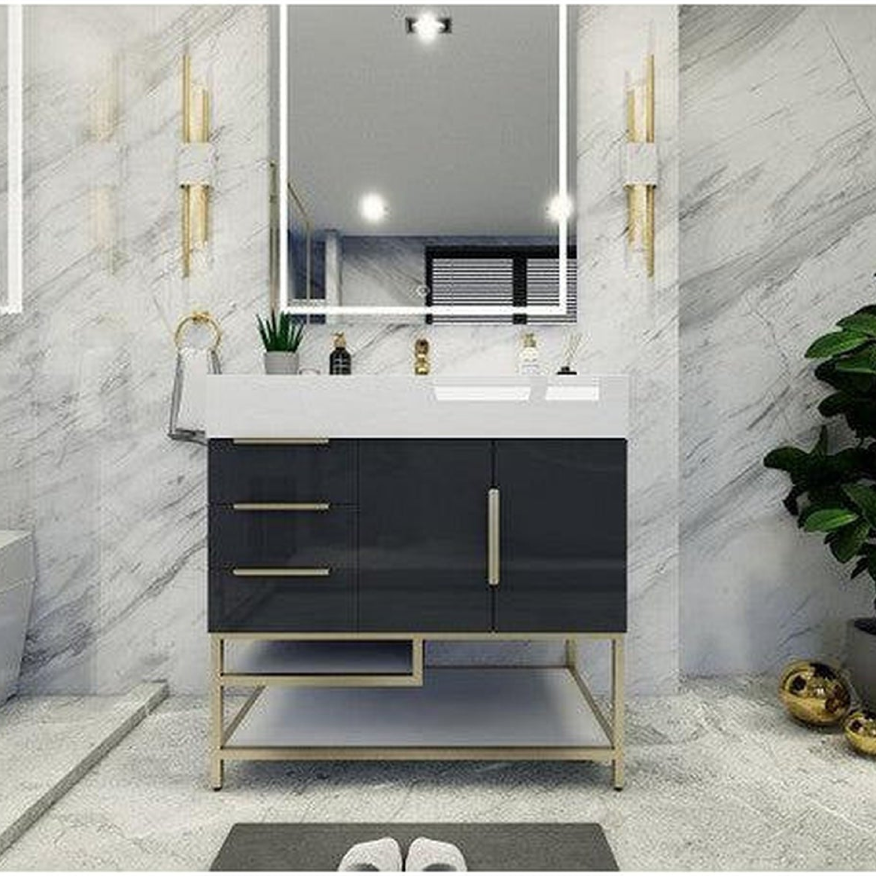 Elara 36" High Gloss Gray Freestanding Vanity With Left Side Drawers and Single Reinforced White Acrylic Sink