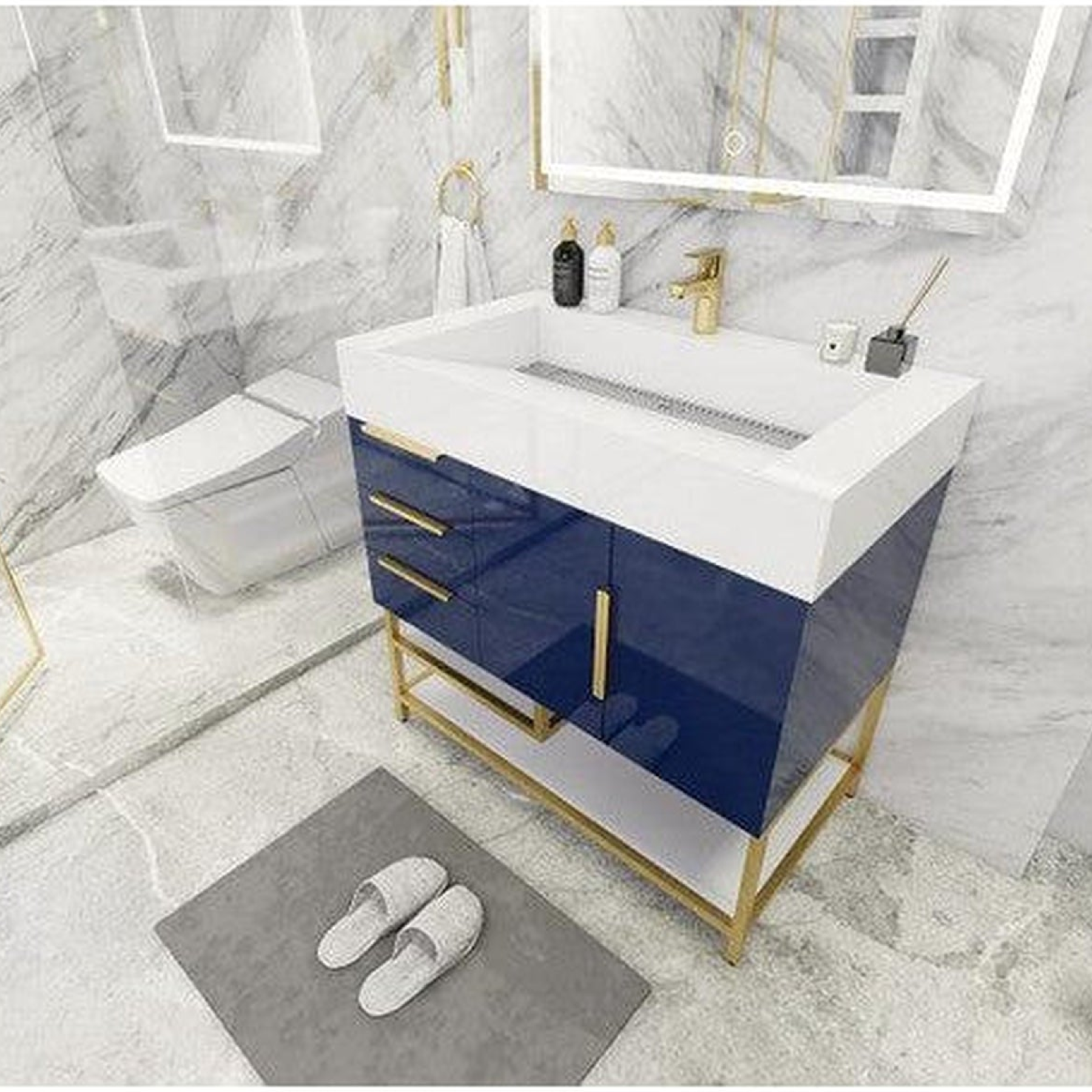 Elara 36" High Gloss Night Blue Freestanding Vanity With Left Side Drawers and Single Reinforced White Acrylic Sink