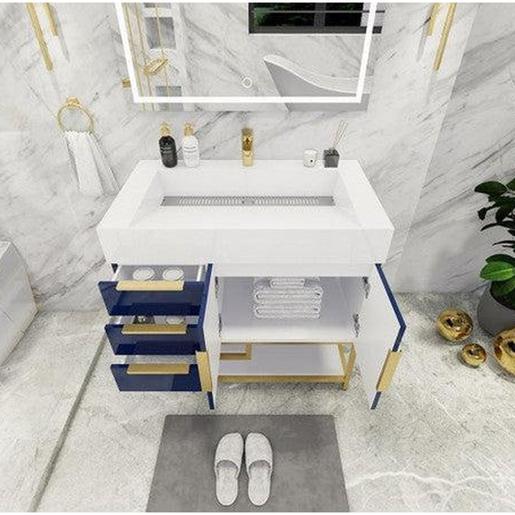 Elara 36" High Gloss Night Blue Freestanding Vanity With Left Side Drawers and Single Reinforced White Acrylic Sink