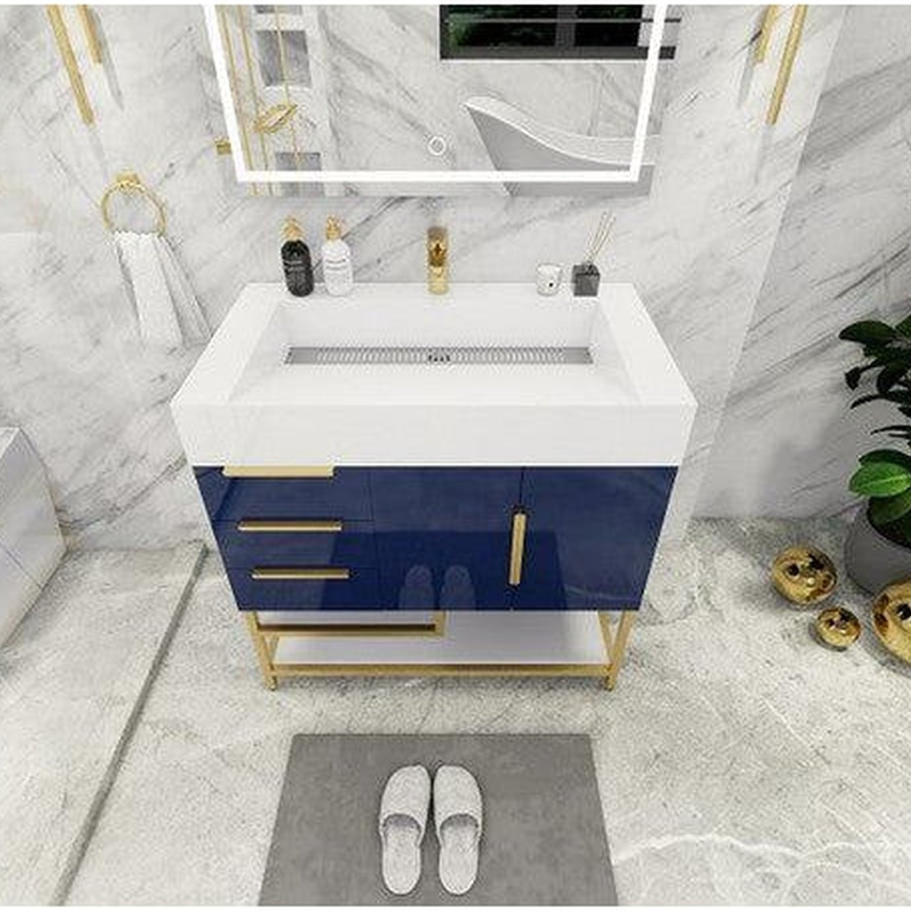 Elara 36" High Gloss Night Blue Freestanding Vanity With Left Side Drawers and Single Reinforced White Acrylic Sink