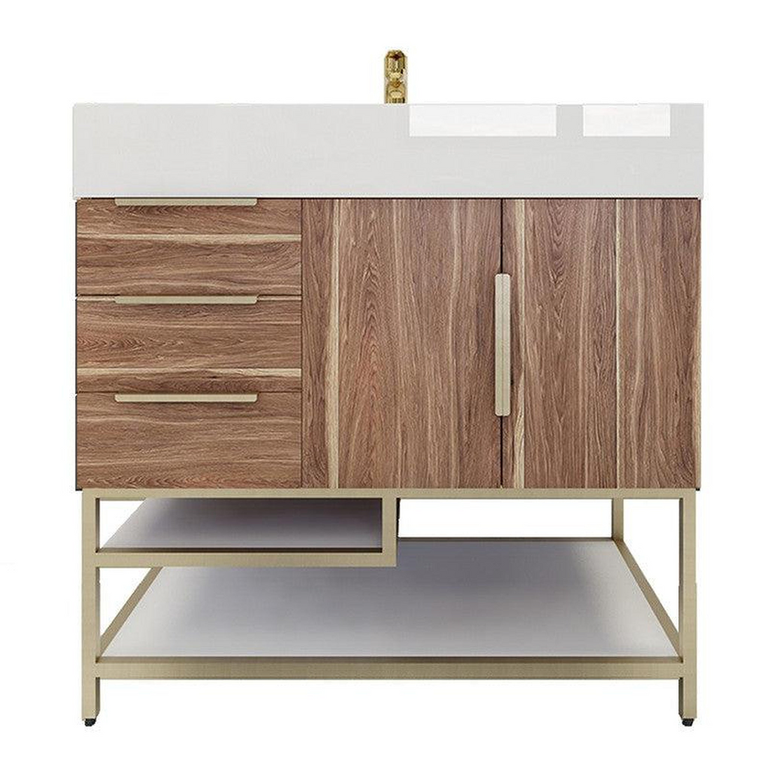 Elara 36" White Oak Freestanding Vanity With Left Side Drawers and Single Reinforced White Acrylic Sink