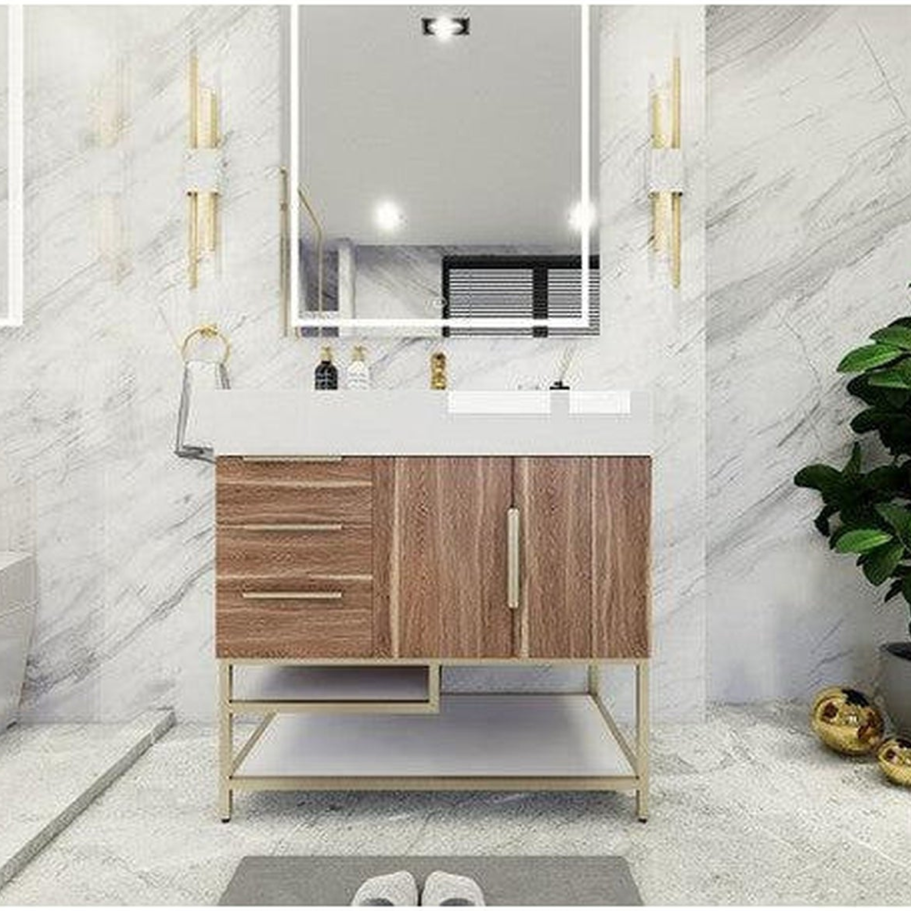 Elara 36" White Oak Freestanding Vanity With Left Side Drawers and Single Reinforced White Acrylic Sink