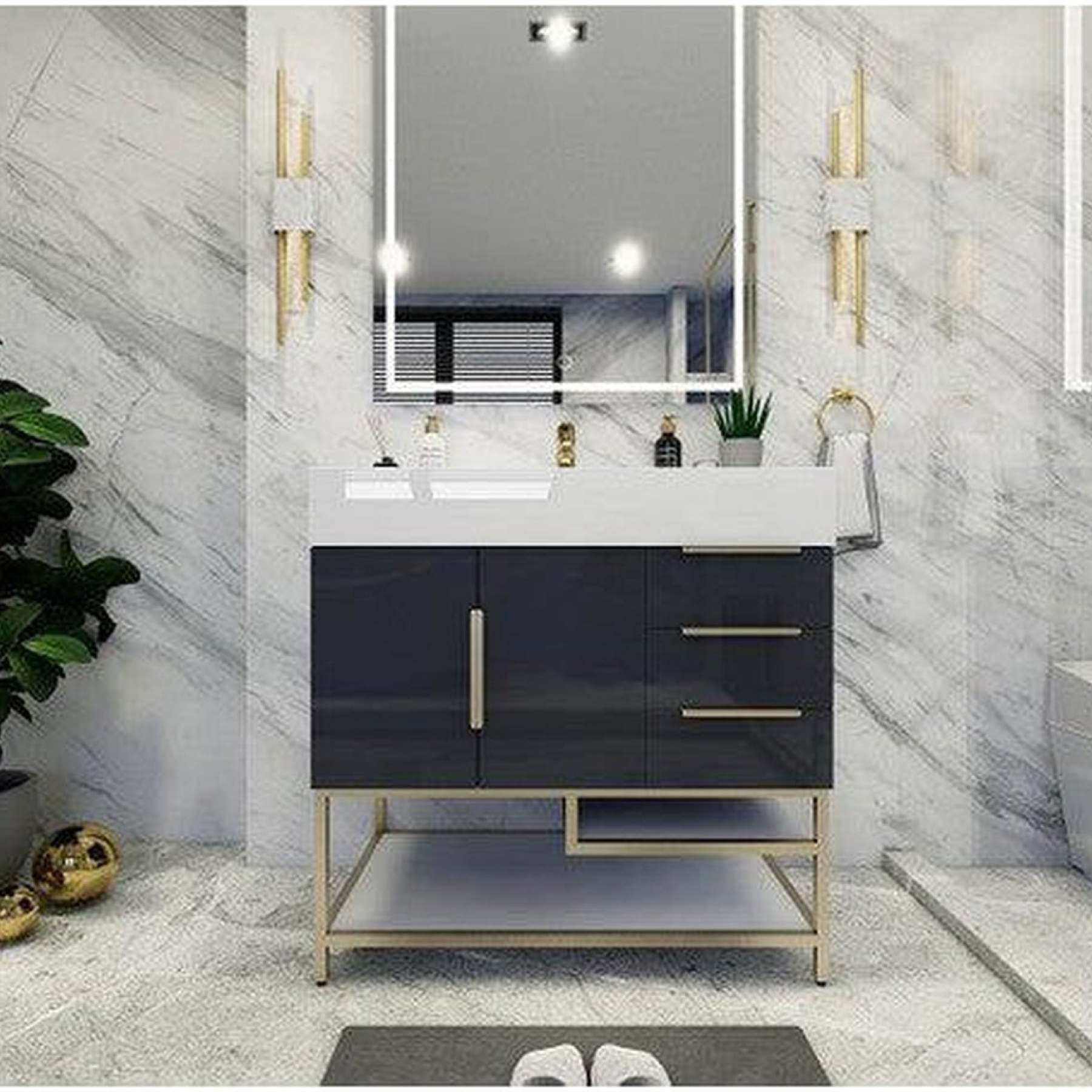 Elara 36" High Gloss Gray Freestanding Vanity With Right Side Drawers and Single Reinforced White Acrylic Sink