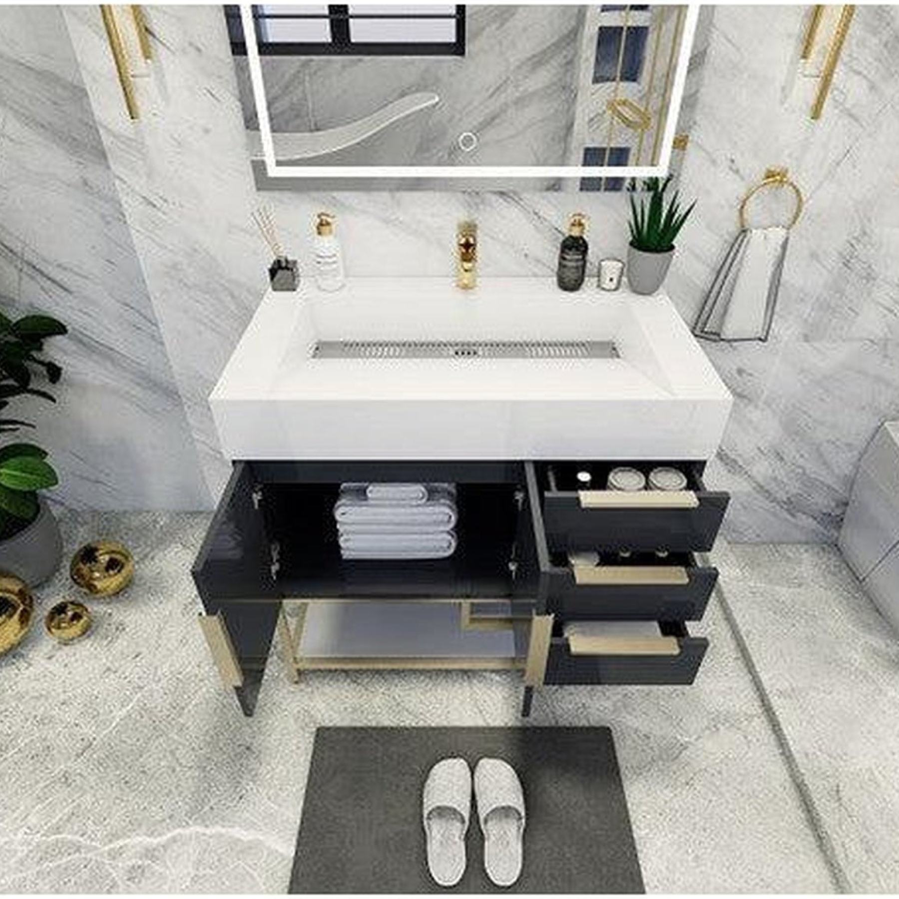 Elara 36" High Gloss Gray Freestanding Vanity With Right Side Drawers and Single Reinforced White Acrylic Sink