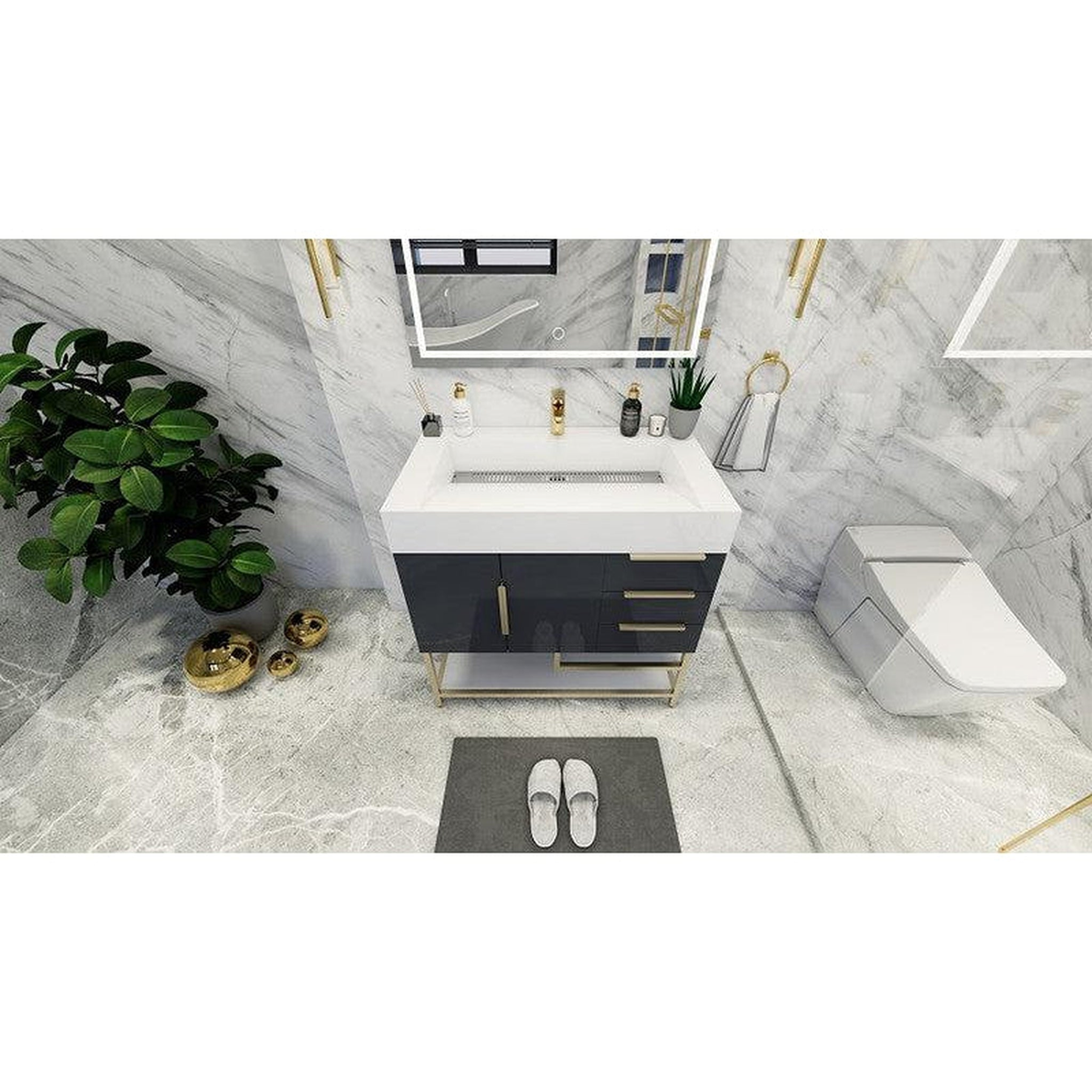 Elara 36" High Gloss Gray Freestanding Vanity With Right Side Drawers and Single Reinforced White Acrylic Sink