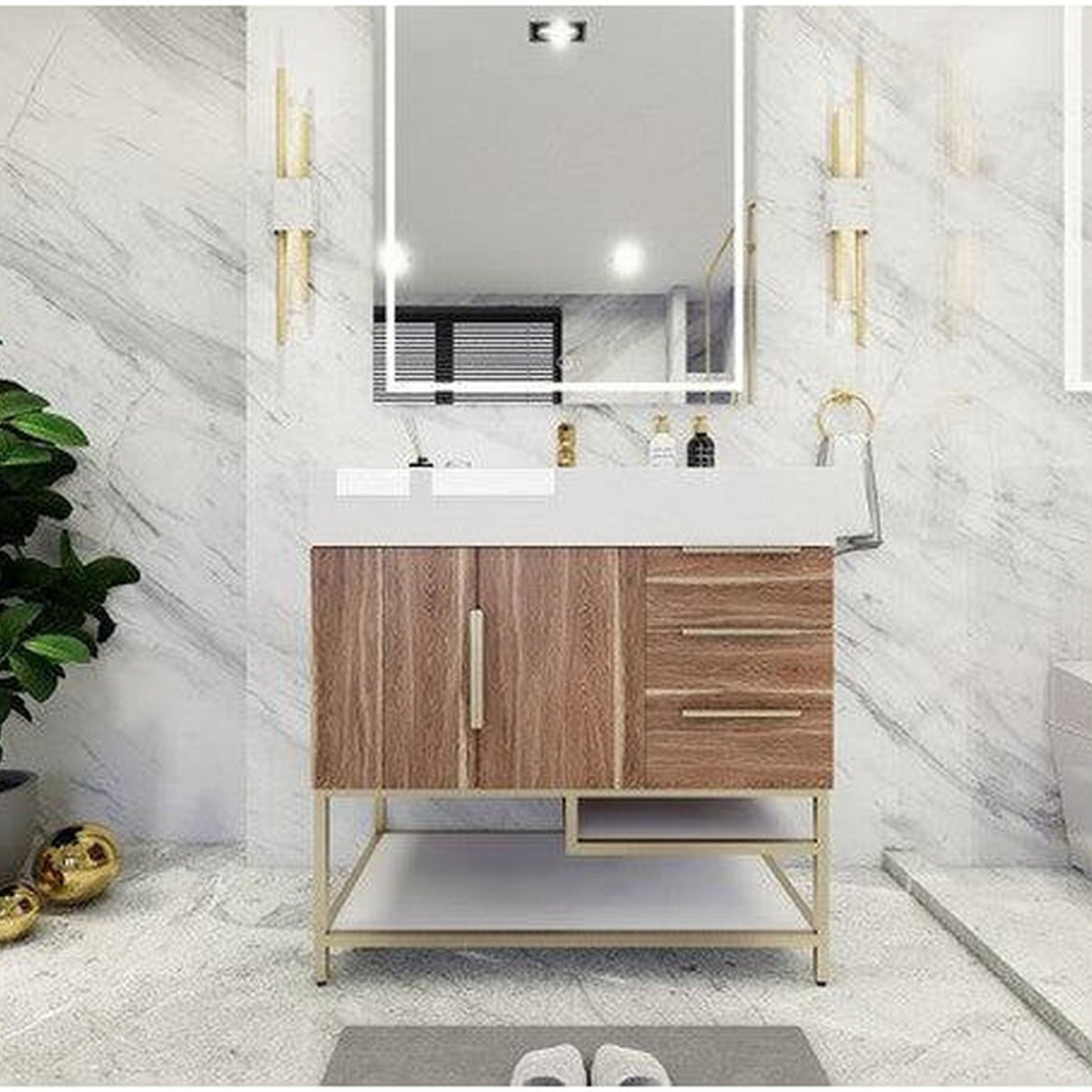 Elara 36" White Oak Freestanding Vanity With Right Side Drawers and Single Reinforced White Acrylic Sink