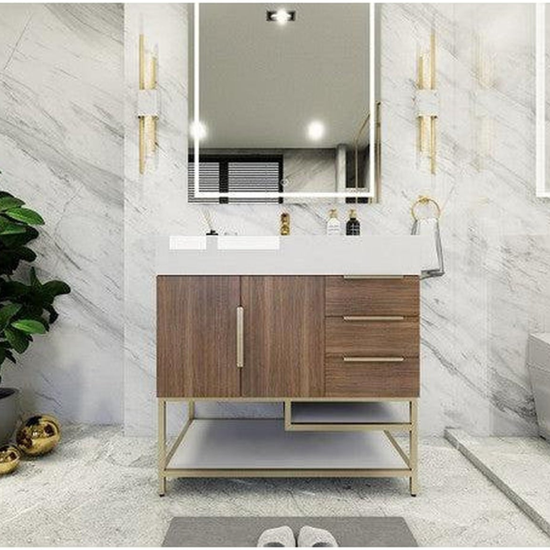 Elara 36" Rosewood Freestanding Vanity With Right Side Drawers and Single Reinforced White Acrylic Sink