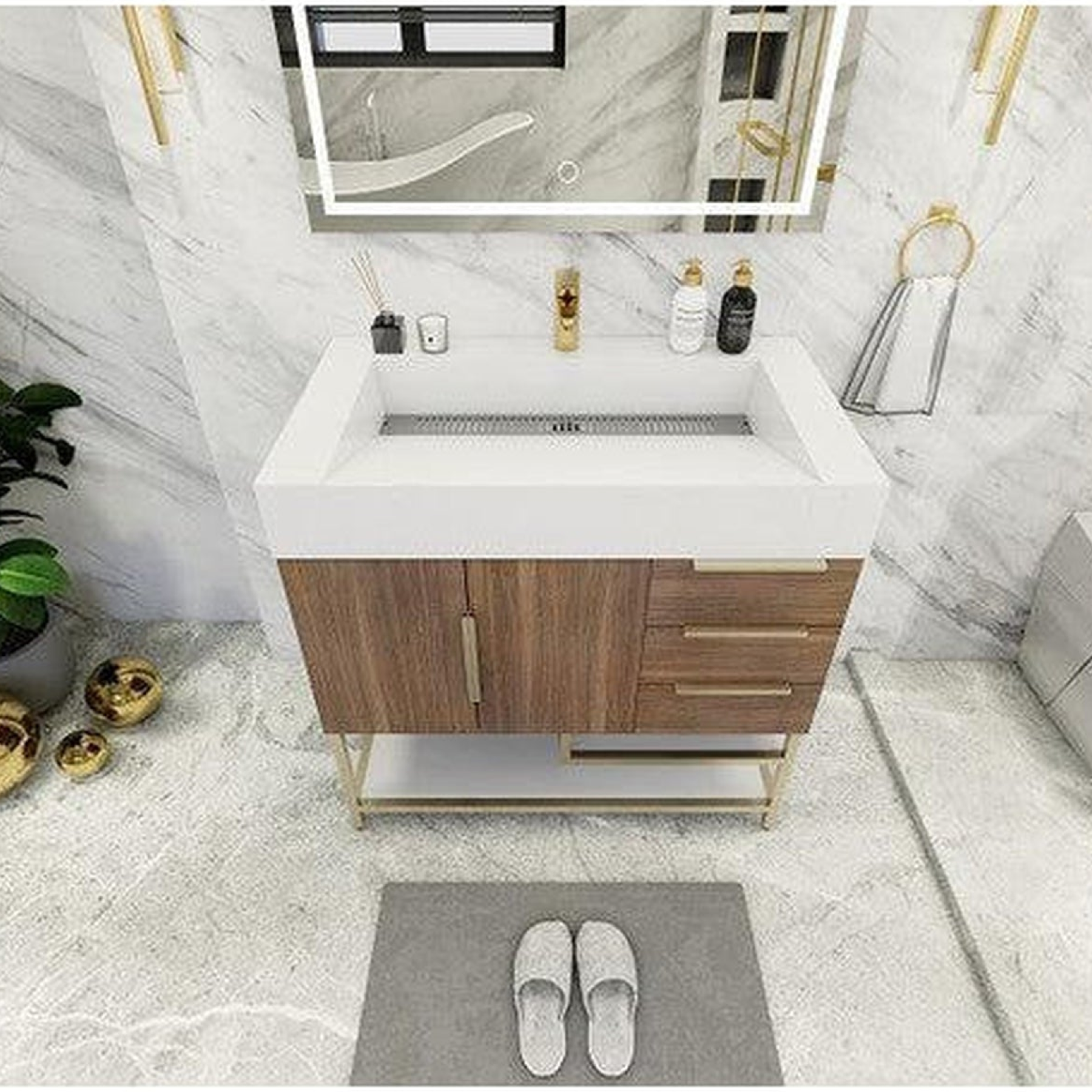 Elara 36" Rosewood Freestanding Vanity With Right Side Drawers and Single Reinforced White Acrylic Sink