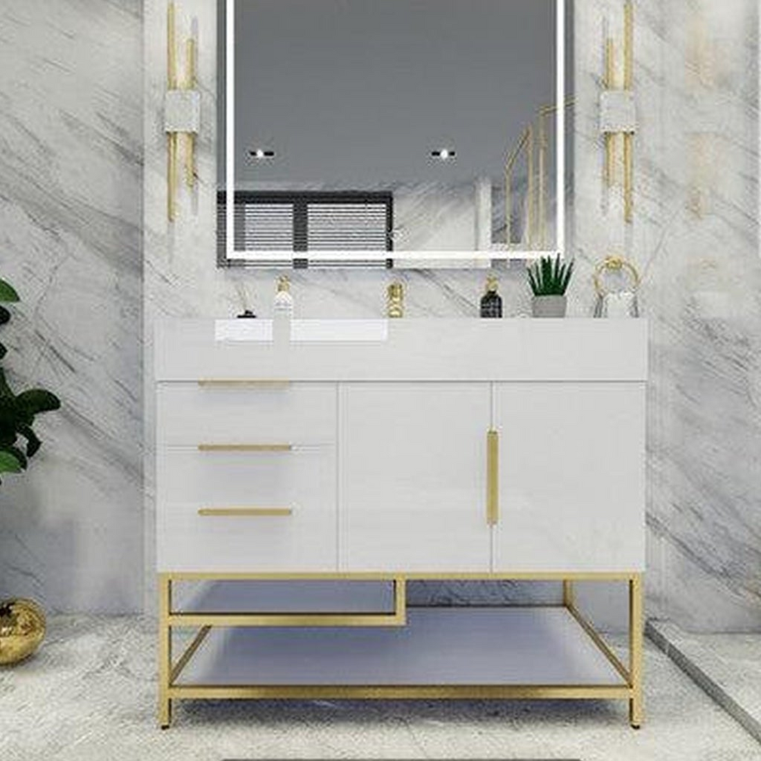Elara 42" High Gloss White Freestanding Vanity With Left Side Drawers and Single Reinforced White Acrylic Sink