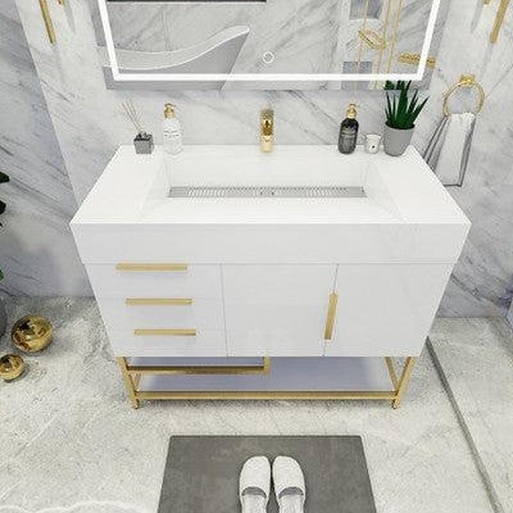 Elara 42" High Gloss White Freestanding Vanity With Left Side Drawers and Single Reinforced White Acrylic Sink