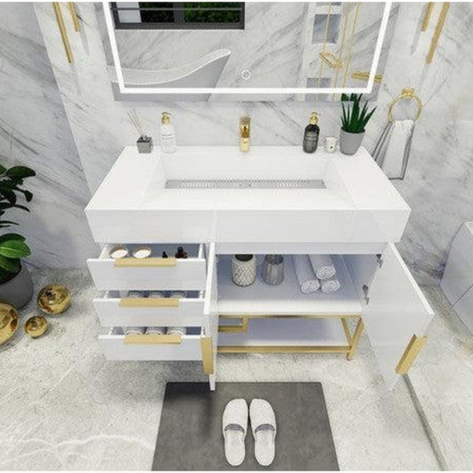 Elara 42" High Gloss White Freestanding Vanity With Left Side Drawers and Single Reinforced White Acrylic Sink