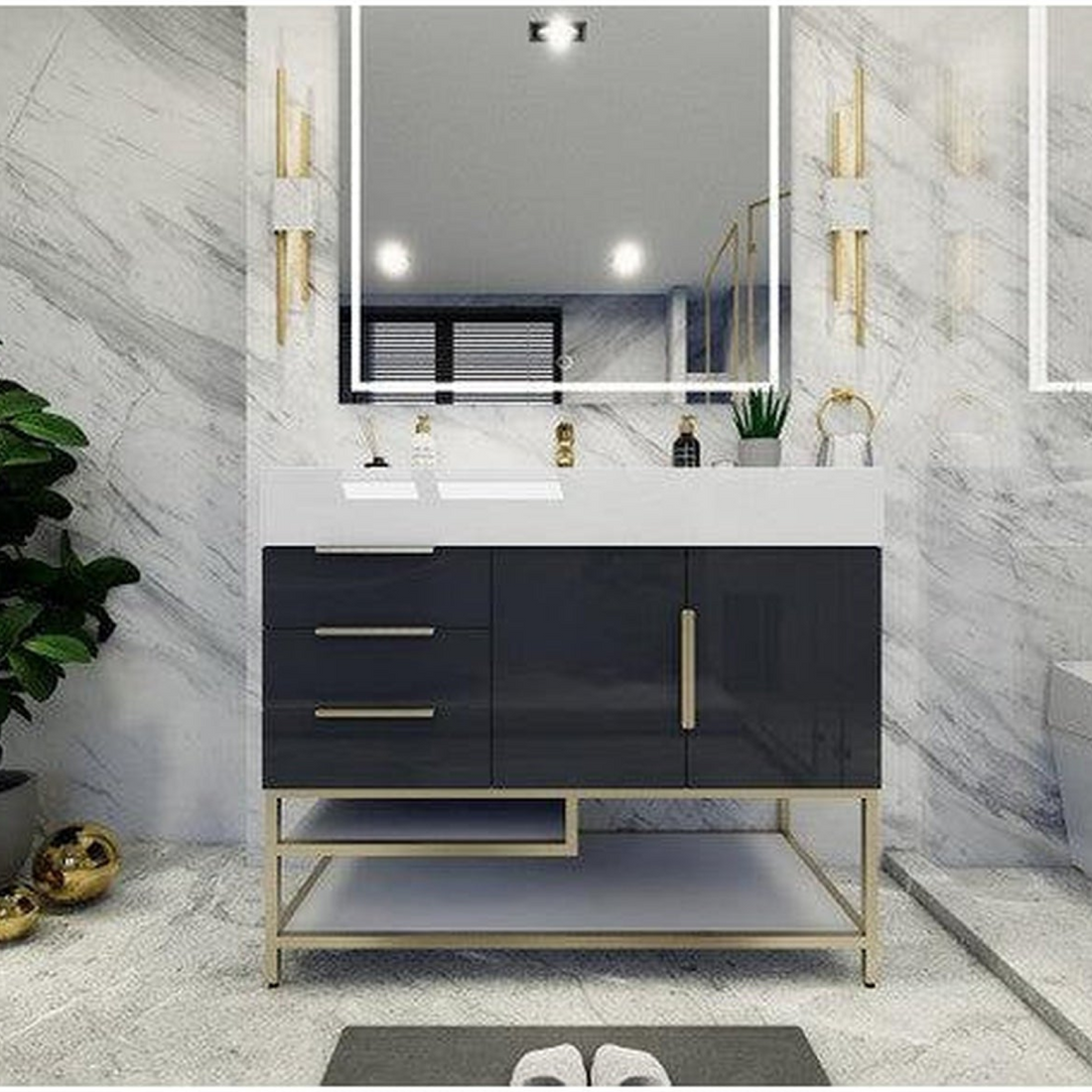 Elara 42" High Gloss Gray Freestanding Vanity With Left Side Drawers and Single Reinforced White Acrylic Sink