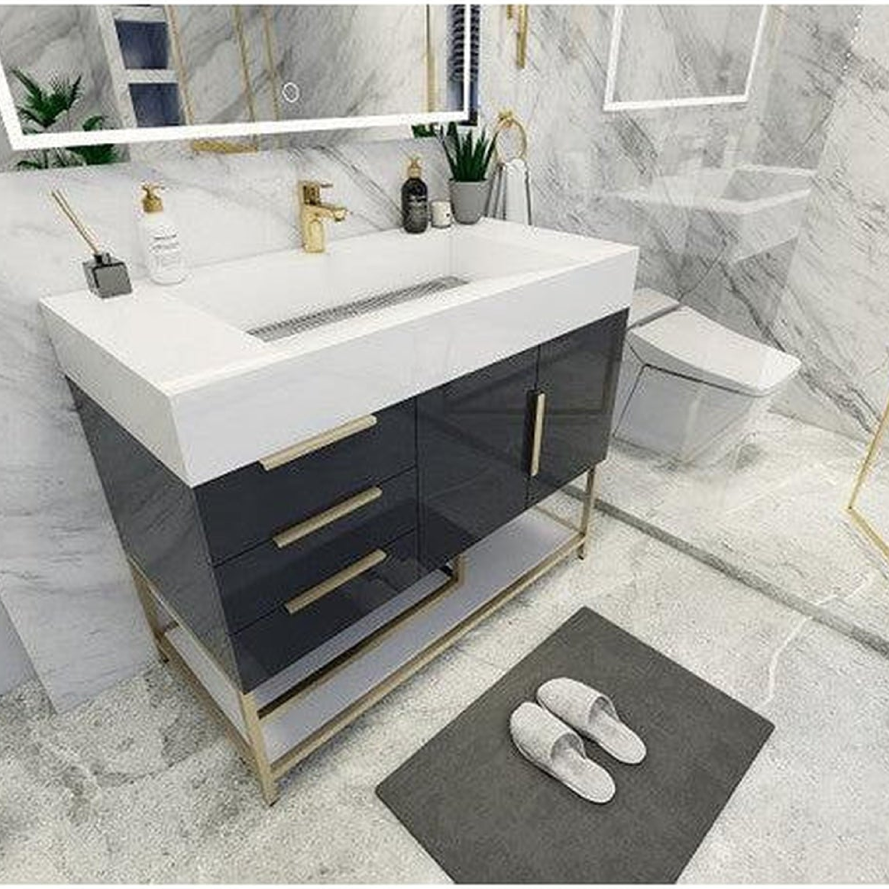 Elara 42" High Gloss Gray Freestanding Vanity With Left Side Drawers and Single Reinforced White Acrylic Sink