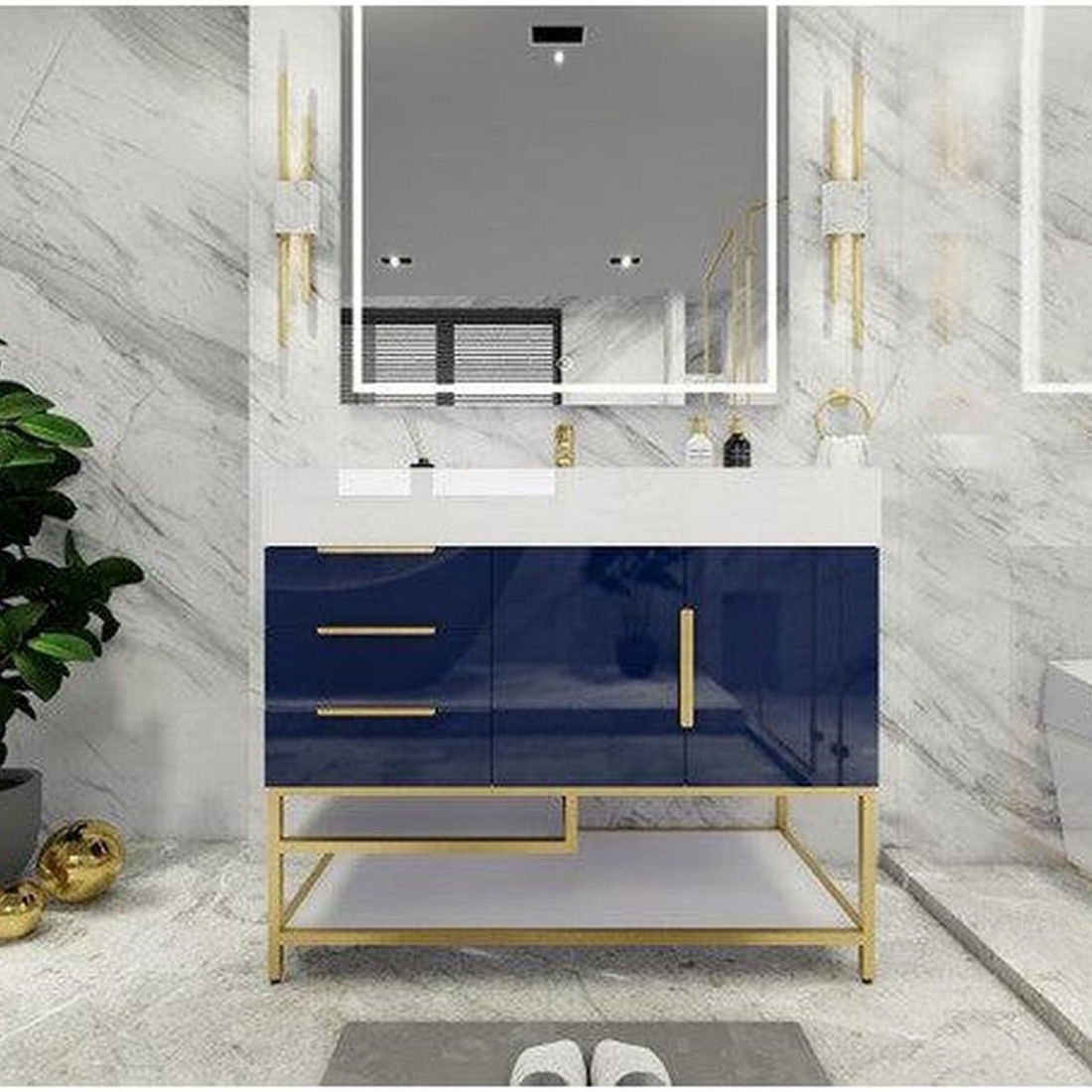 Elara 42" High Gloss Night Blue Freestanding Vanity With Left Side Drawers and Single Reinforced White Acrylic Sink