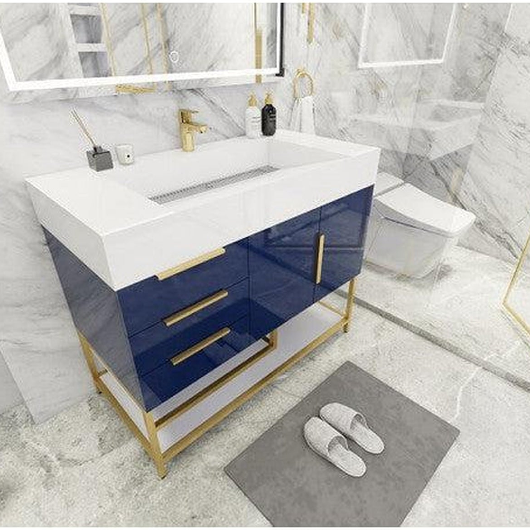 Elara 42" High Gloss Night Blue Freestanding Vanity With Left Side Drawers and Single Reinforced White Acrylic Sink