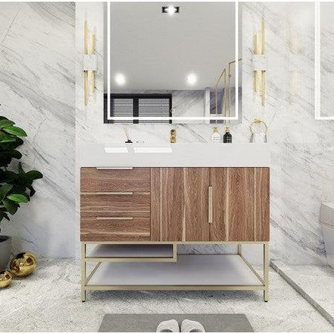 Elara 42" White Oak Freestanding Vanity With Left Side Drawers and Single Reinforced White Acrylic Sink