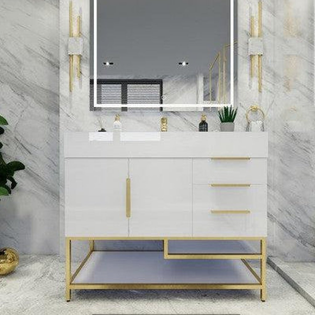 Elara 42" High Gloss White Freestanding Vanity With Right Side Drawers and Single Reinforced White Acrylic Sink