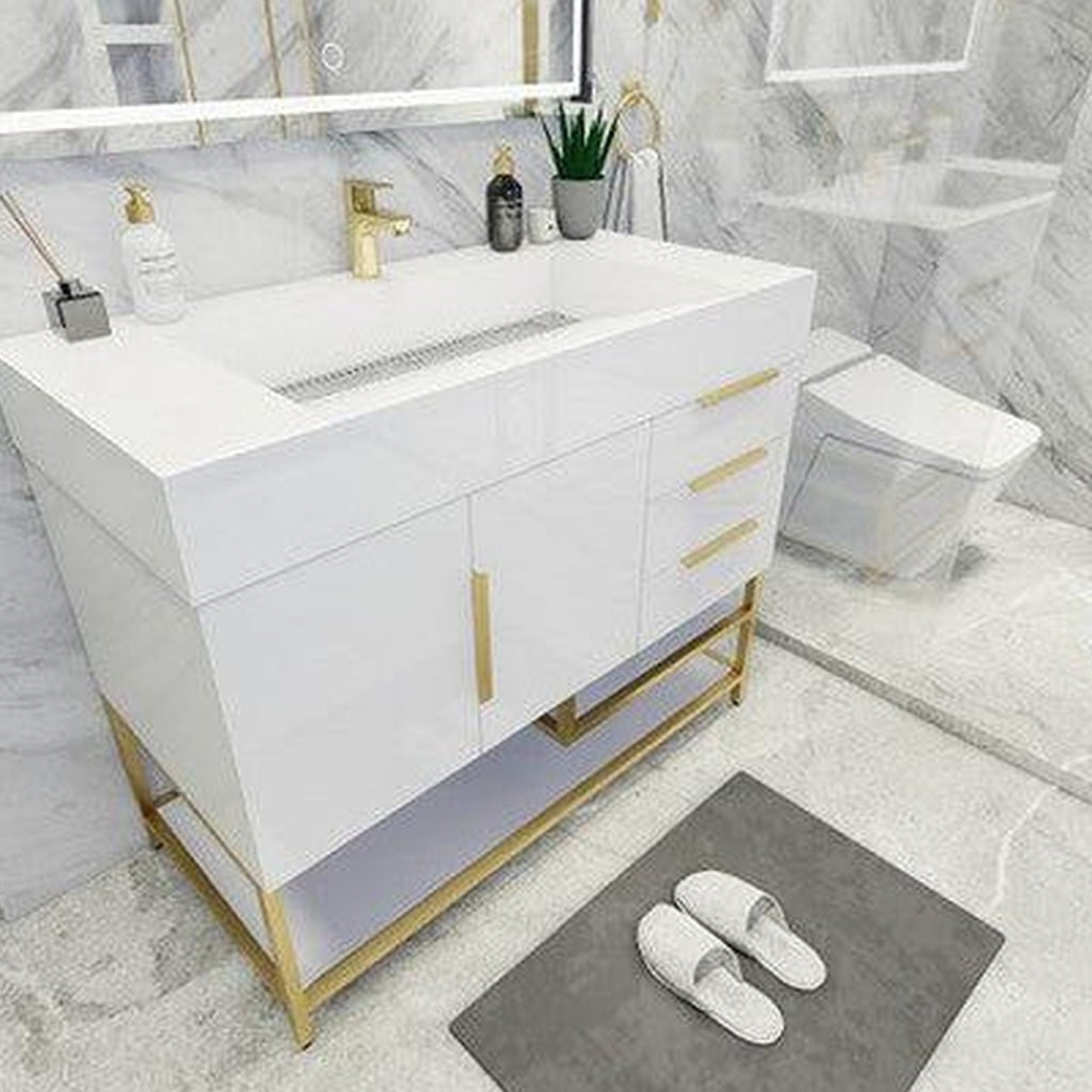 Elara 42" High Gloss White Freestanding Vanity With Right Side Drawers and Single Reinforced White Acrylic Sink