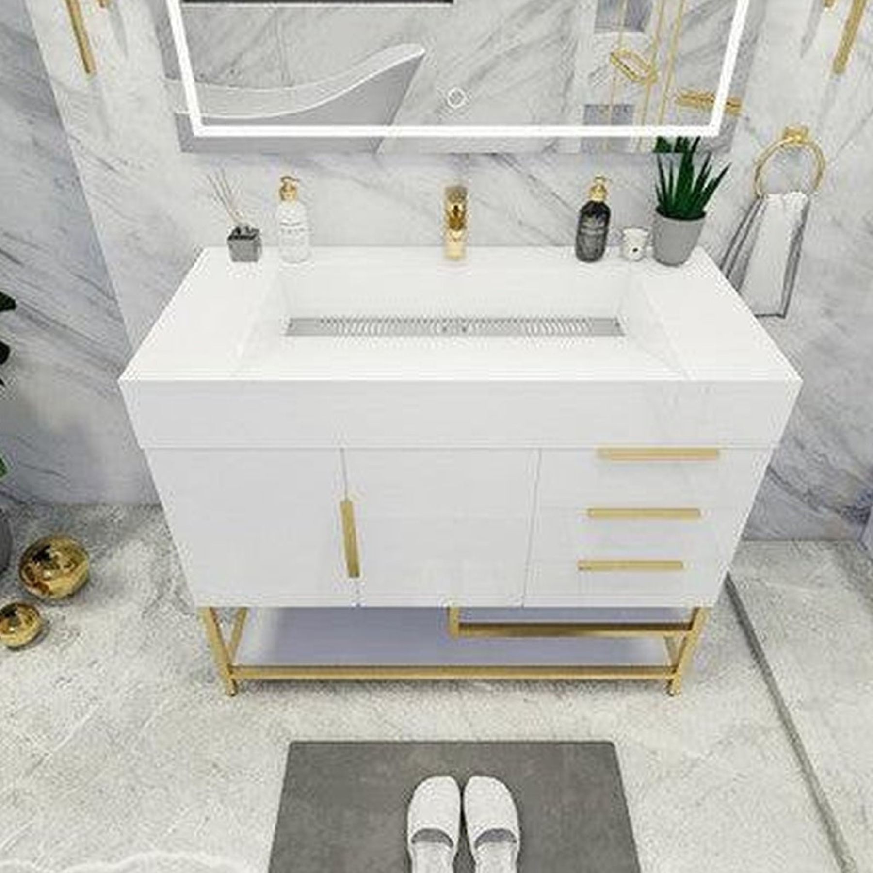 Elara 42" High Gloss White Freestanding Vanity With Right Side Drawers and Single Reinforced White Acrylic Sink