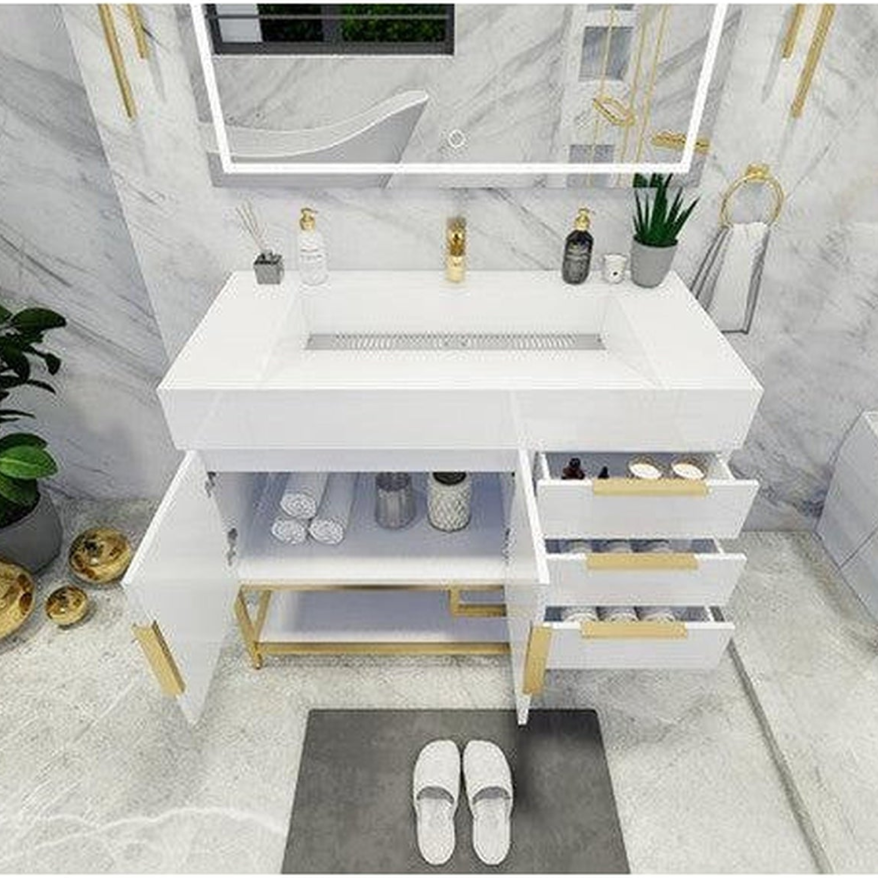 Elara 42" High Gloss White Freestanding Vanity With Right Side Drawers and Single Reinforced White Acrylic Sink