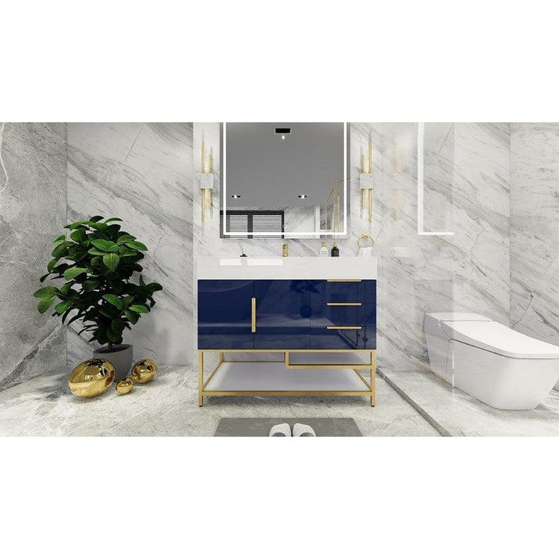 Elara 42" High Gloss Night Blue Freestanding Vanity With Right Side Drawers and Single Reinforced White Acrylic Sink