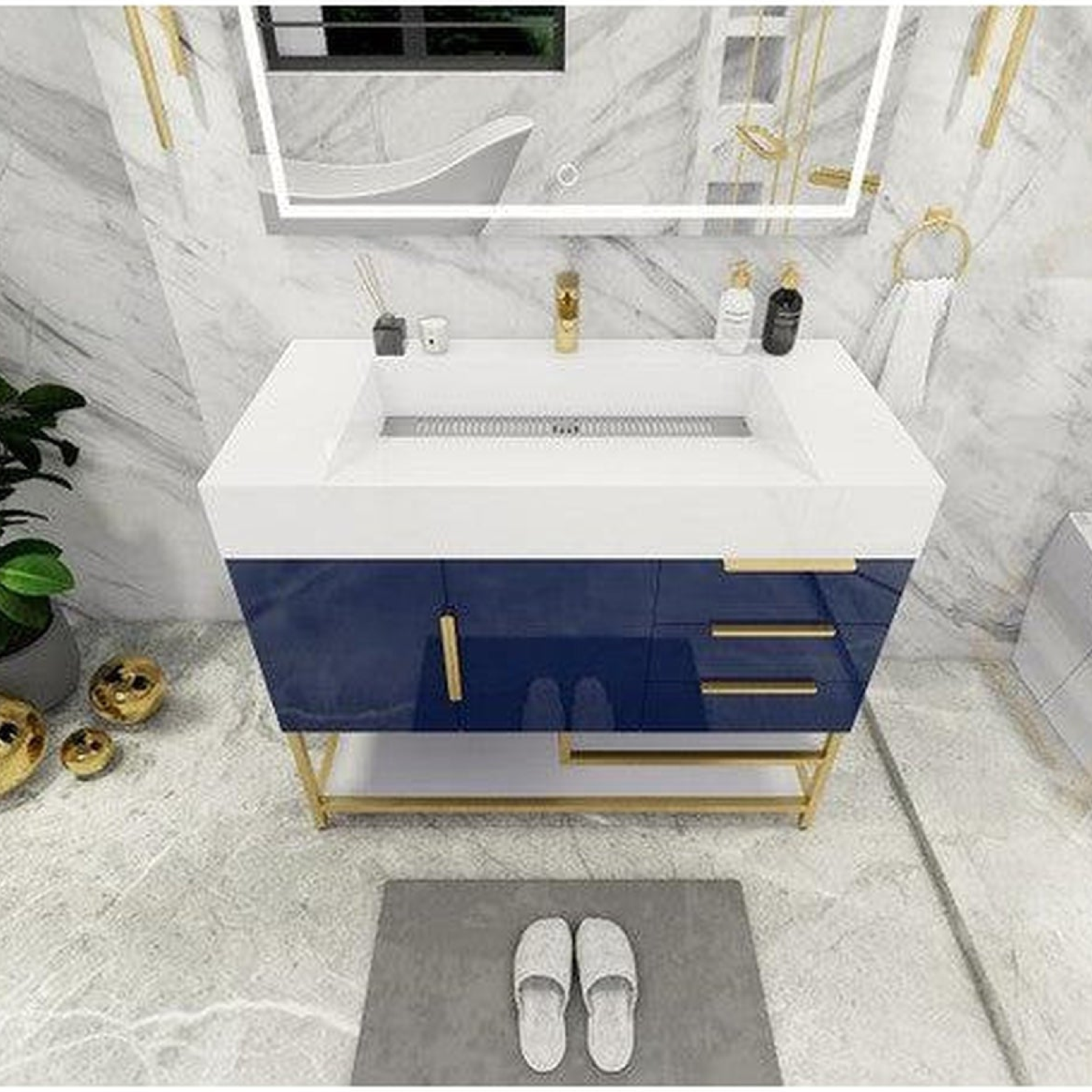 Elara 42" High Gloss Night Blue Freestanding Vanity With Right Side Drawers and Single Reinforced White Acrylic Sink