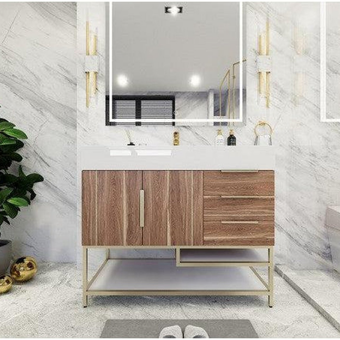 Elara 42" White Oak Freestanding Vanity With Right Side Drawers and Single Reinforced White Acrylic Sink