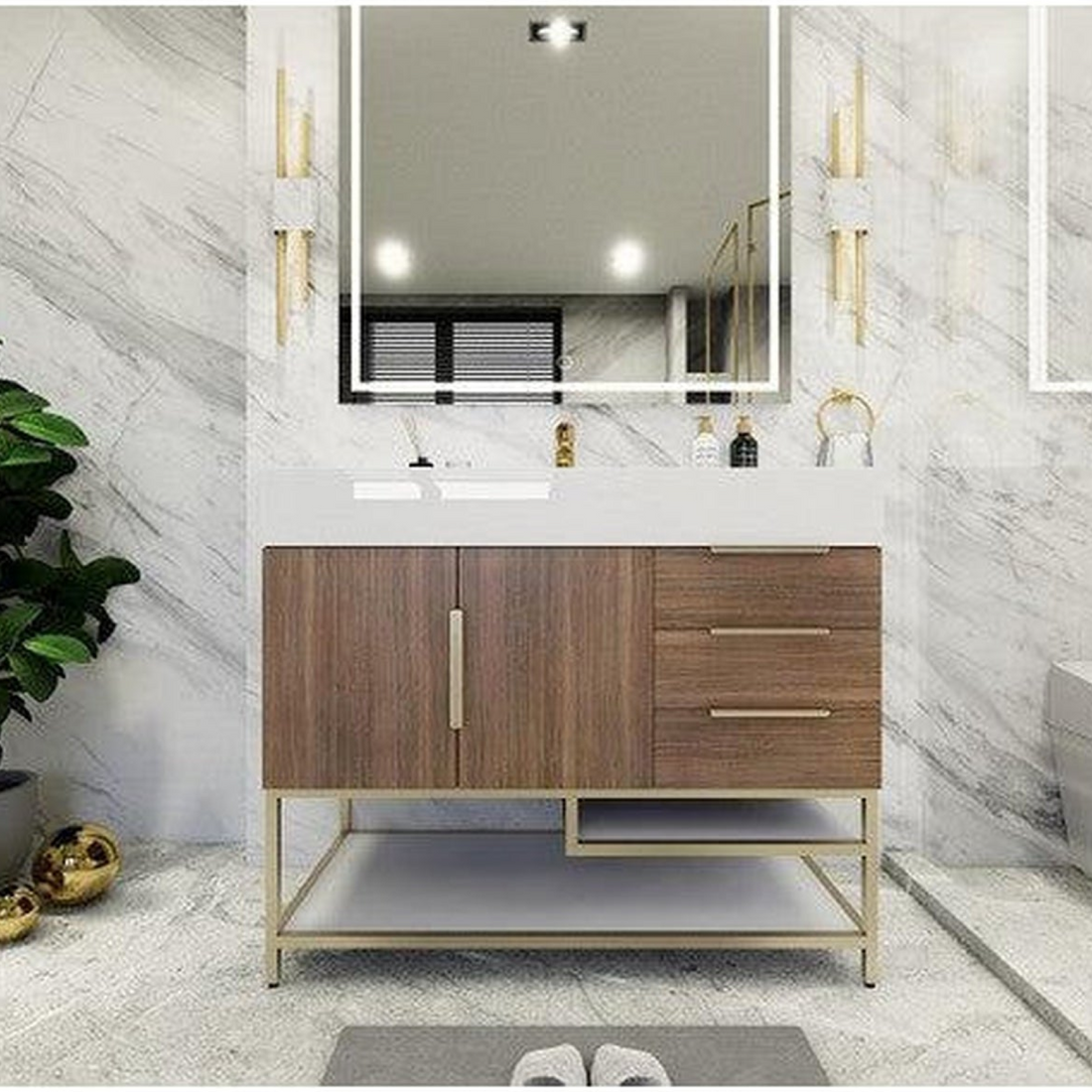 Elara 42" Rosewood Freestanding Vanity With Right Side Drawers and Single Reinforced White Acrylic Sink