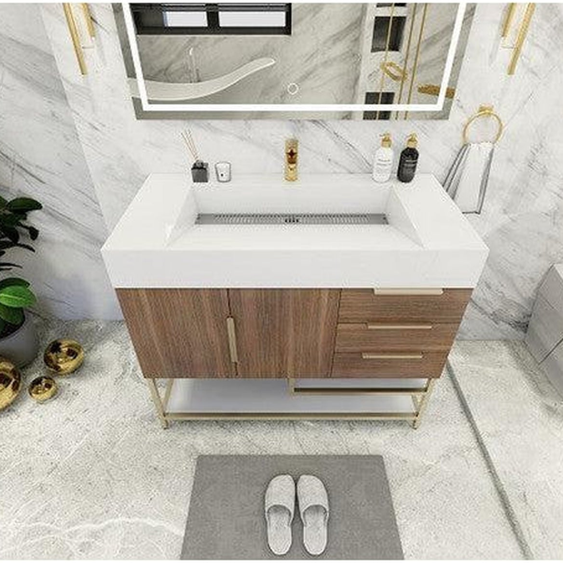 Elara 42" Rosewood Freestanding Vanity With Right Side Drawers and Single Reinforced White Acrylic Sink