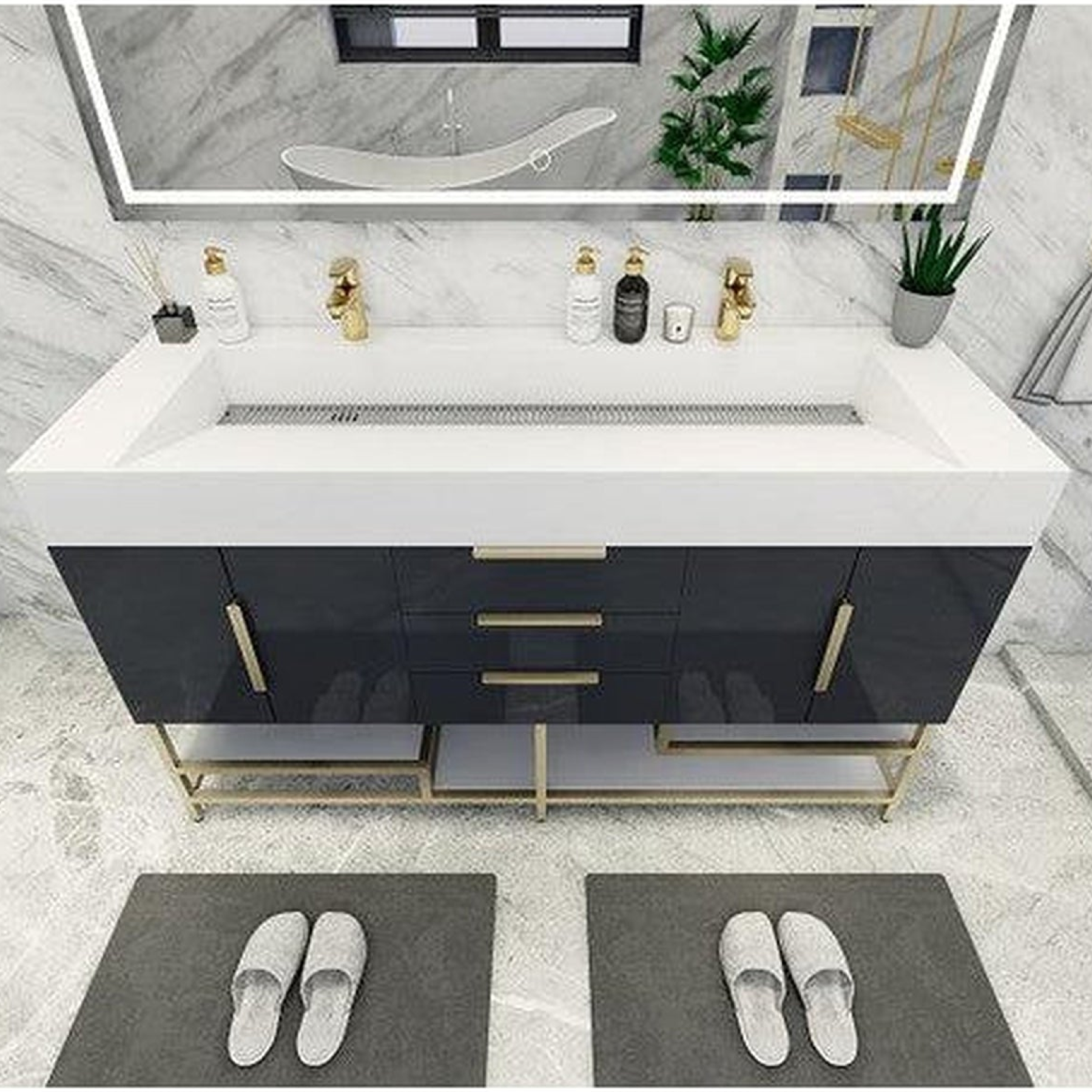 Elara 60" High Gloss Gray Freestanding Vanity With Double Reinforced White Acrylic Sinks