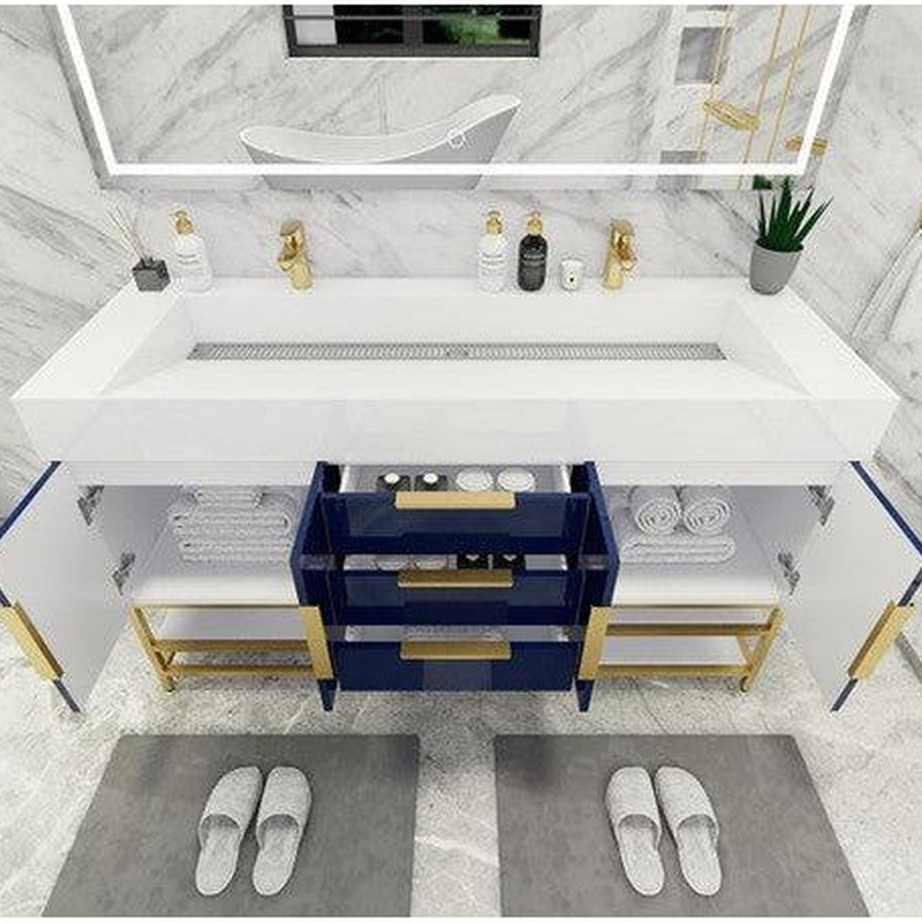 Elara 60" High Gloss Night Blue Freestanding Vanity With Double Reinforced White Acrylic Sinks