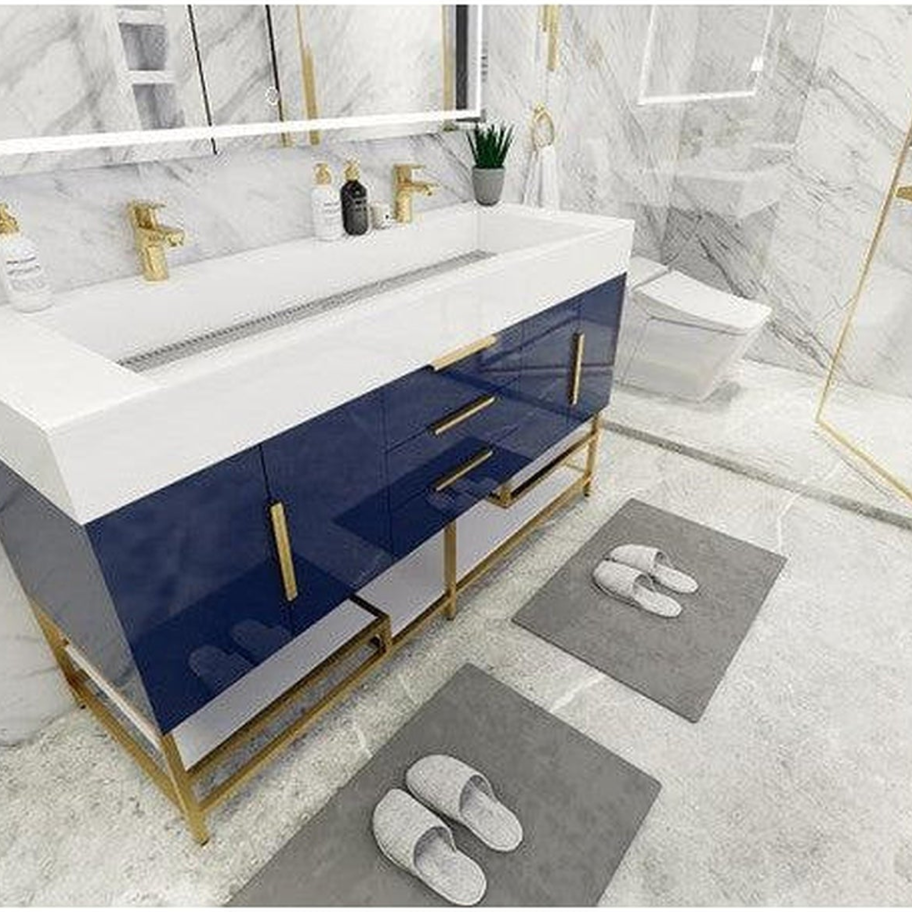 Elara 60" High Gloss Night Blue Freestanding Vanity With Double Reinforced White Acrylic Sinks