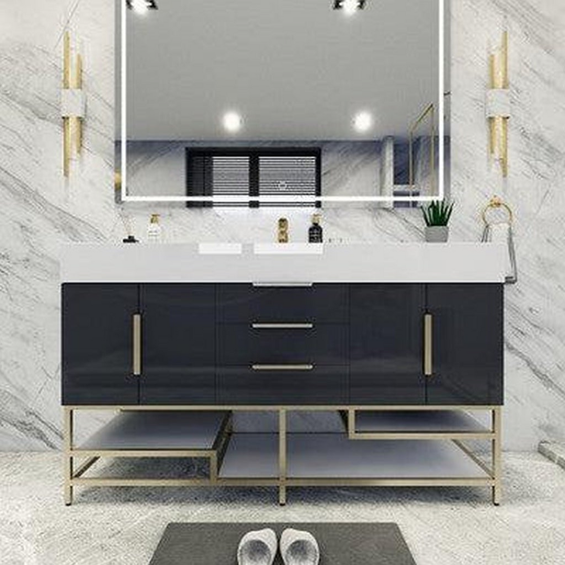 Elara 60" High Gloss Gray Freestanding Vanity With Single Reinforced White Acrylic Sink