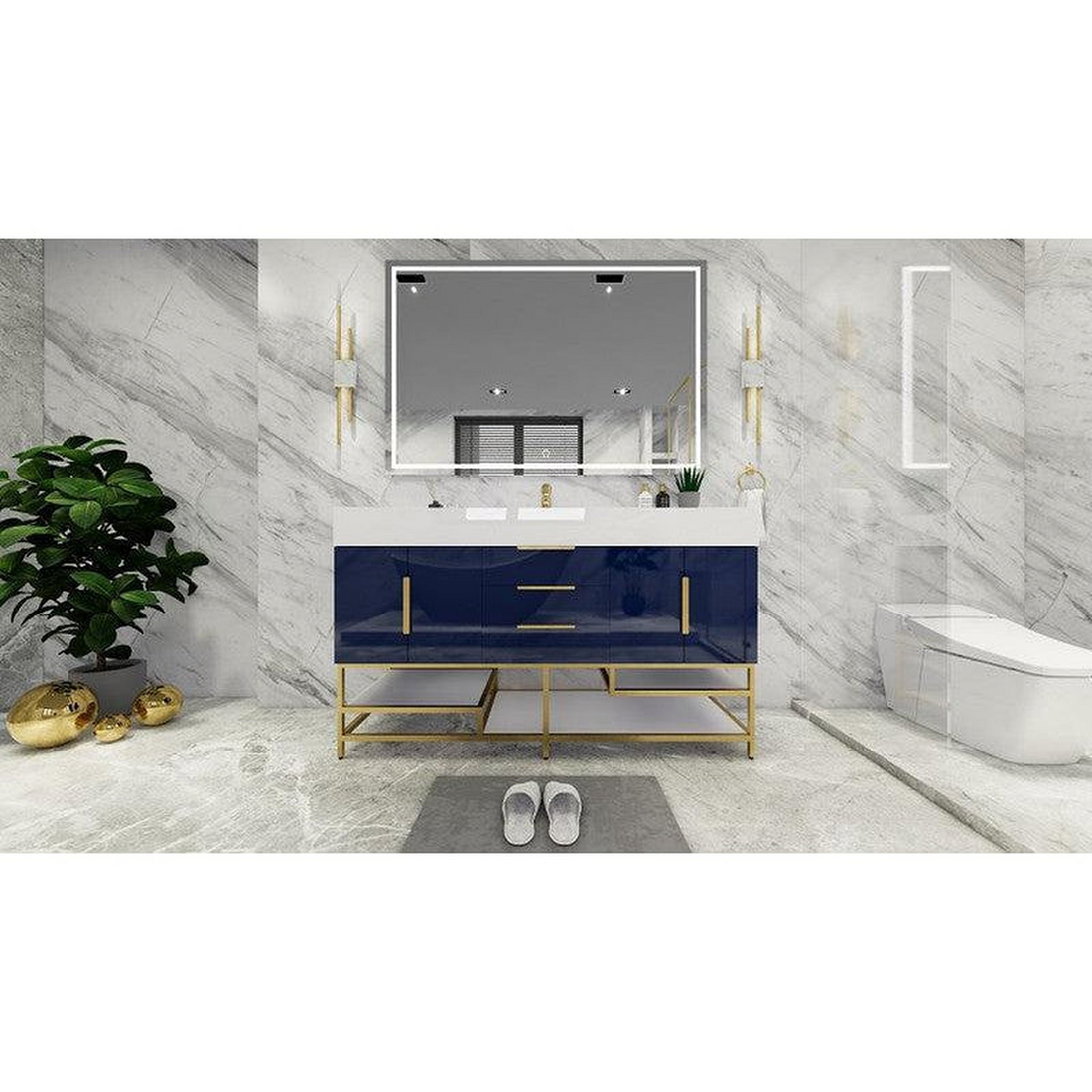 Elara 60" High Gloss Night Blue Freestanding Vanity With Single Reinforced White Acrylic Sink
