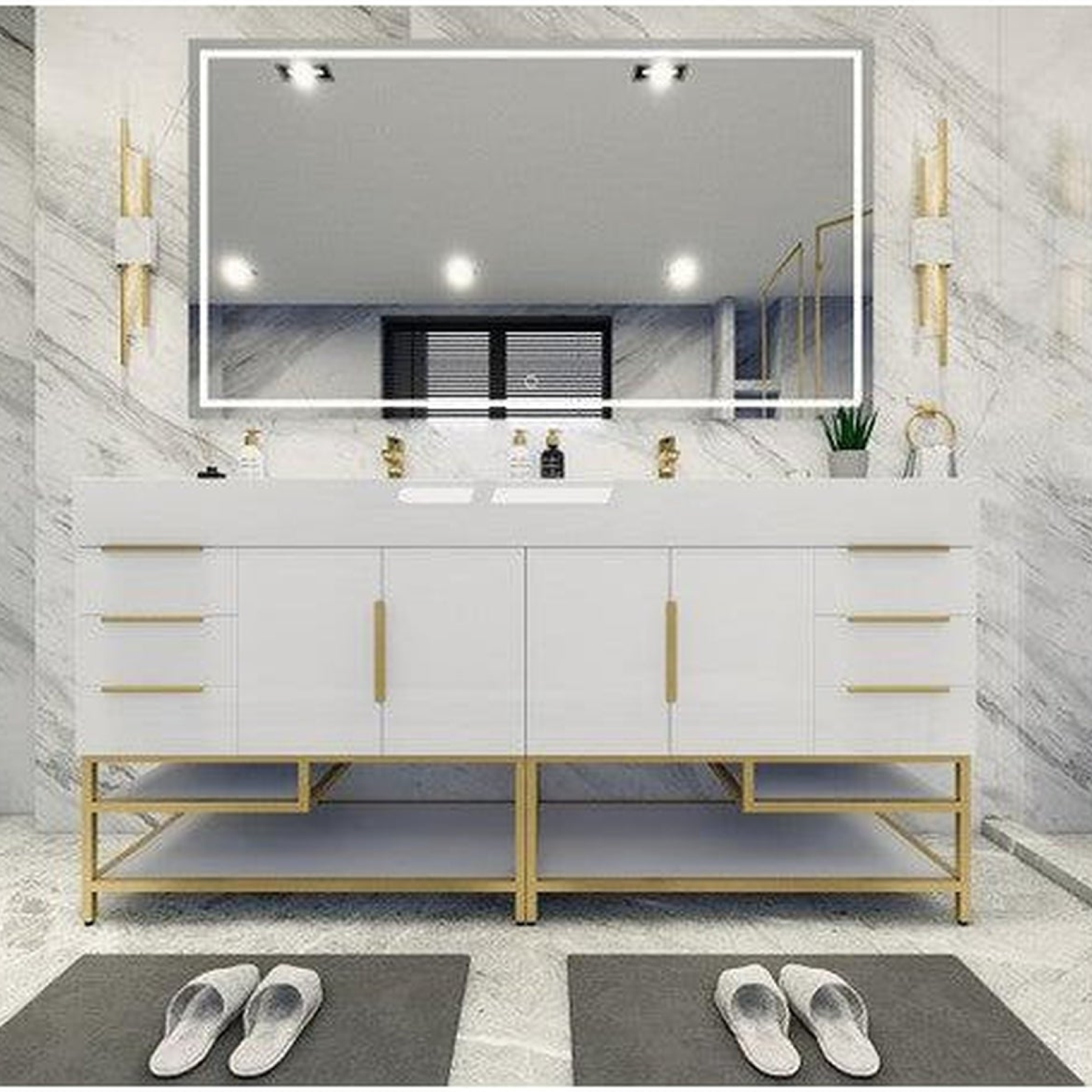Elara 72" High Gloss White Freestanding Vanity With Double Reinforced White Acrylic Sinks