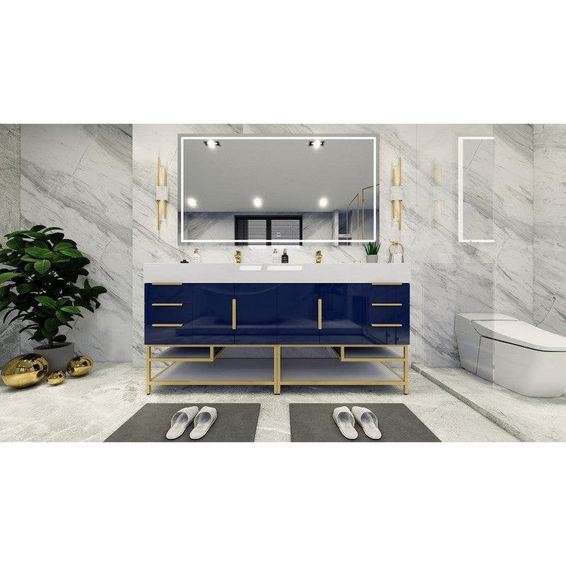 Elara 72" High Gloss Night Blue Freestanding Vanity With Double Reinforced White Acrylic Sinks