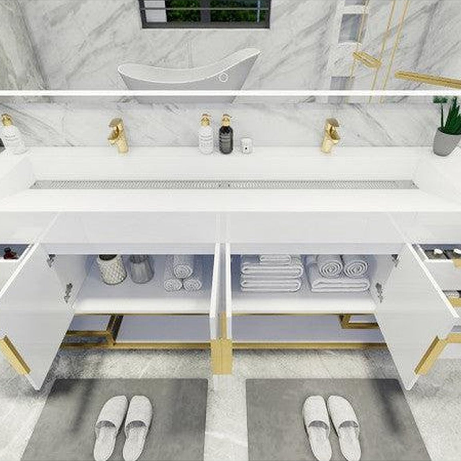 Elara 84" High Gloss White Freestanding Vanity With Double Reinforced White Acrylic Sinks