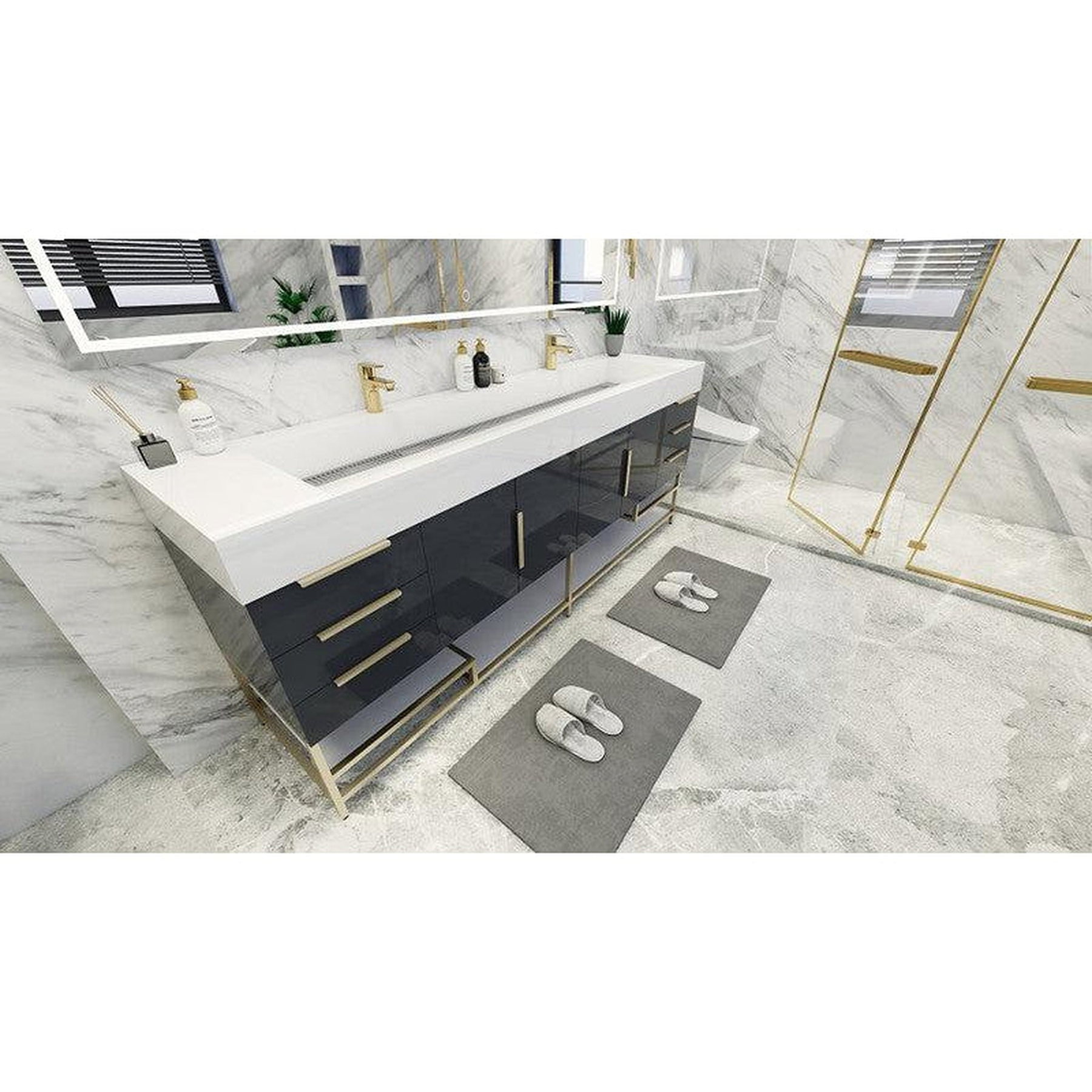 Elara 84" High Gloss Gray Freestanding Vanity With Double Reinforced White Acrylic Sinks