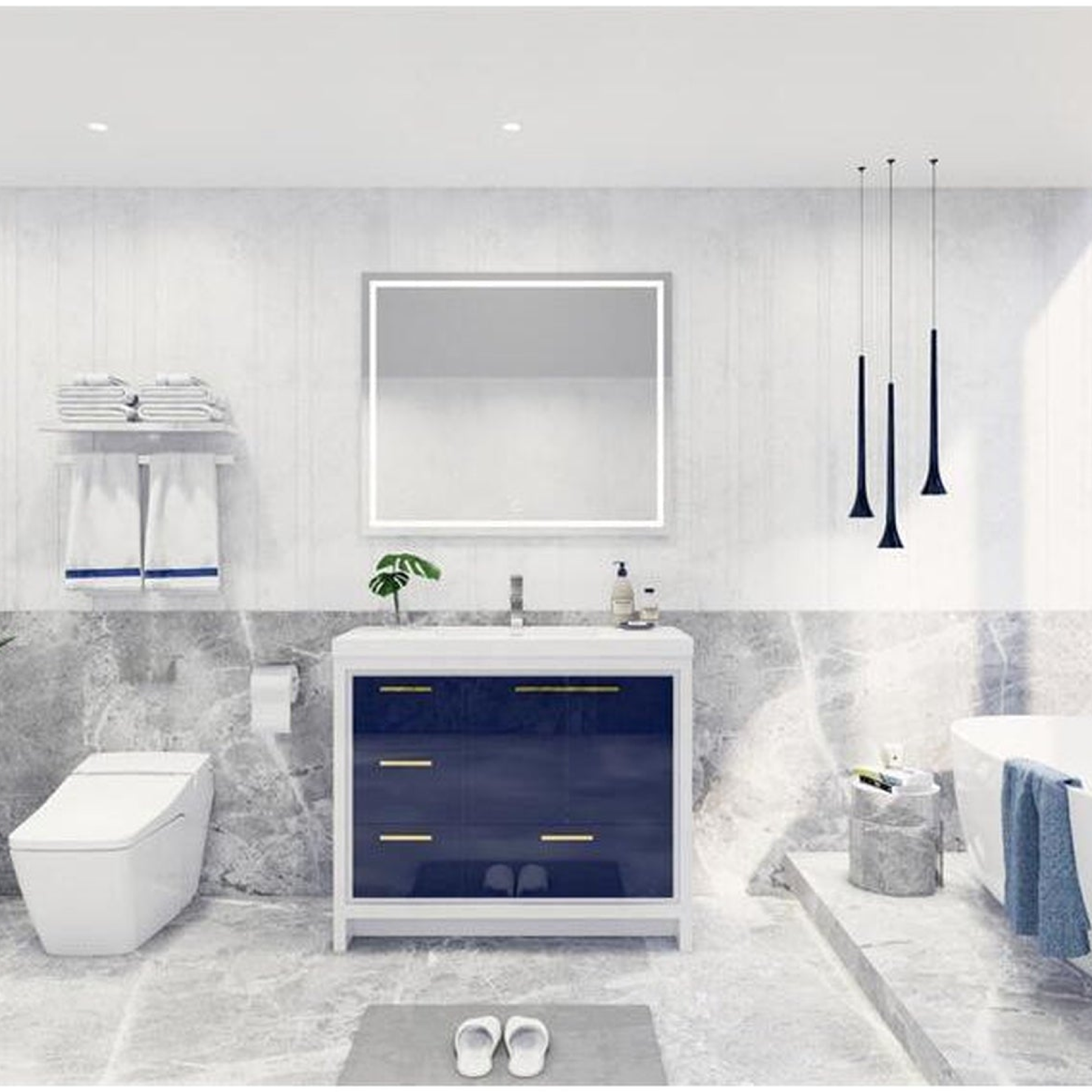 Amara 42" High Gloss Night Blue Freestanding Vanity With Left Side Drawers and Single Reinforced White Acrylic Sink