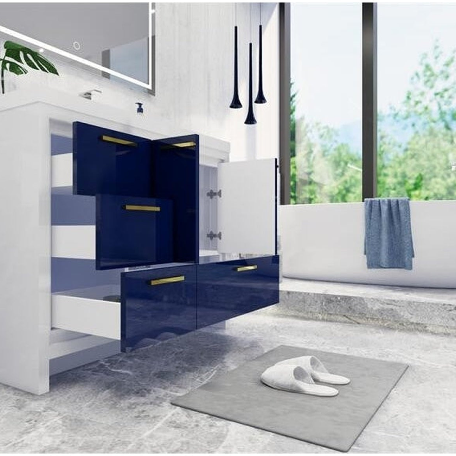 Amara 42" High Gloss Night Blue Freestanding Vanity With Left Side Drawers and Single Reinforced White Acrylic Sink