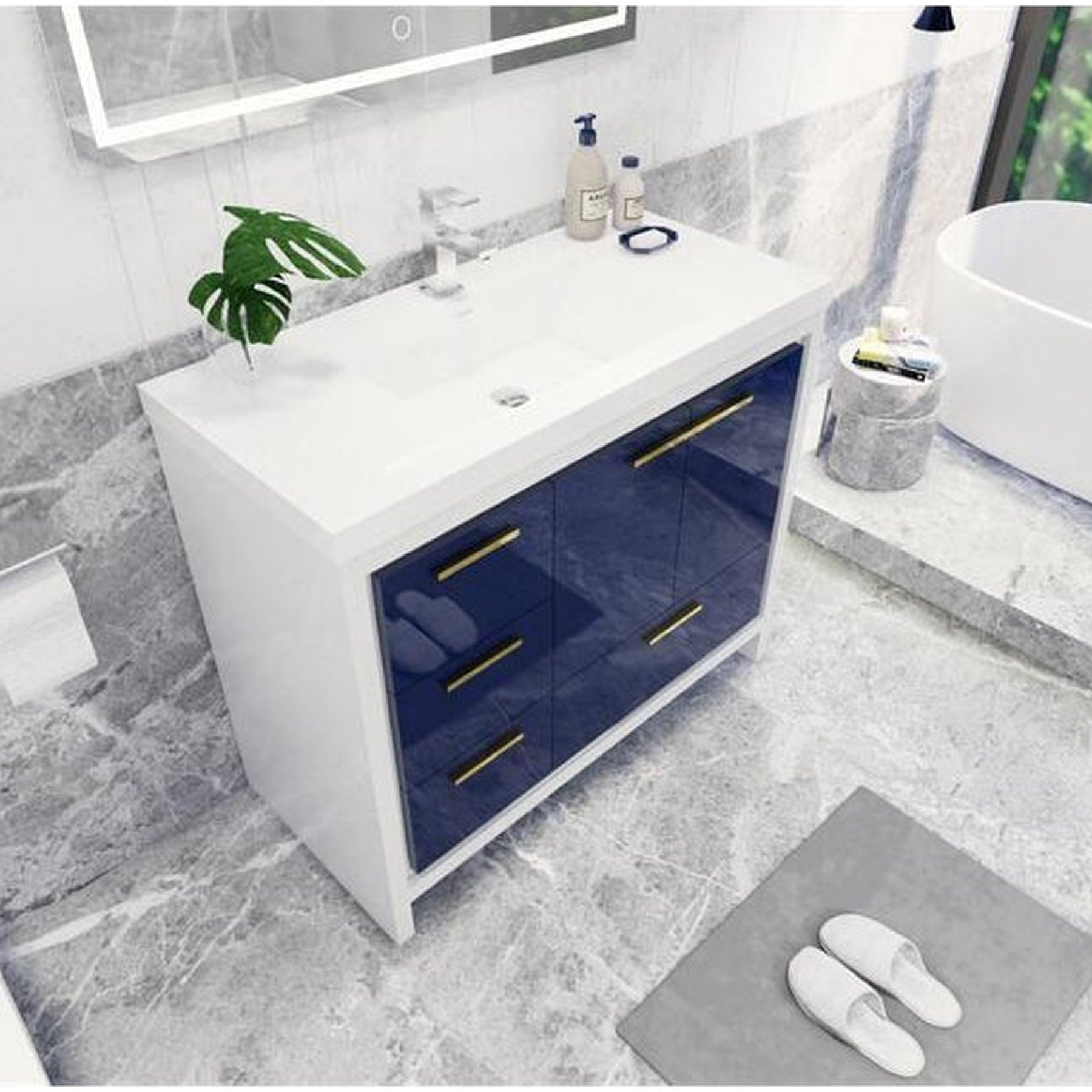 Amara 42" High Gloss Night Blue Freestanding Vanity With Left Side Drawers and Single Reinforced White Acrylic Sink
