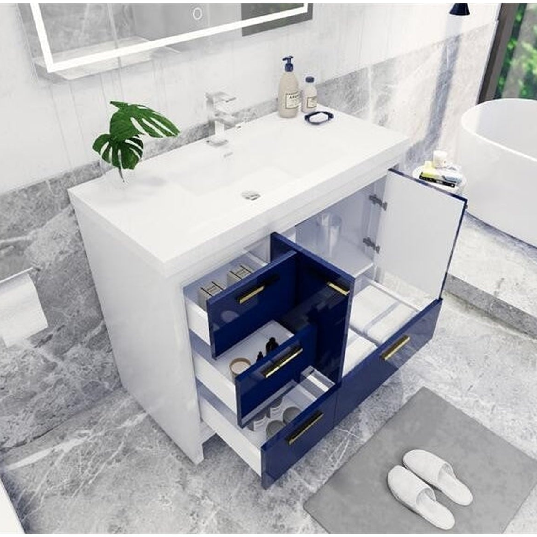 Amara 42" High Gloss Night Blue Freestanding Vanity With Left Side Drawers and Single Reinforced White Acrylic Sink